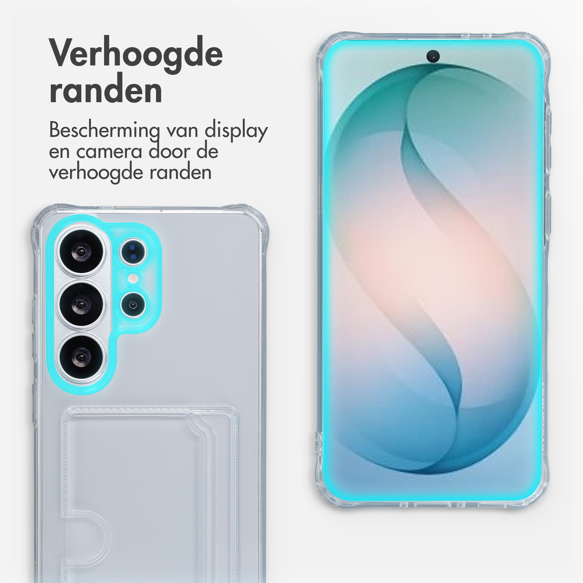 Coque de téléphone transparente avec bords surélevés pour écran et appareil photo.