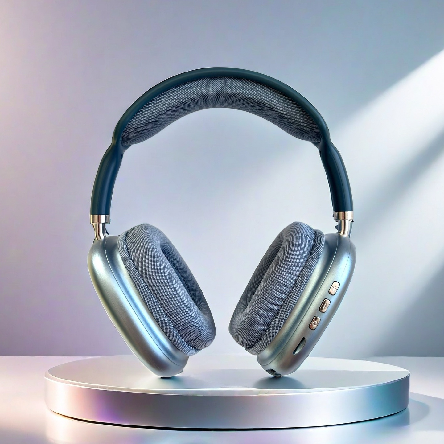Auriculares grises con banda plateada sobre un expositor redondo