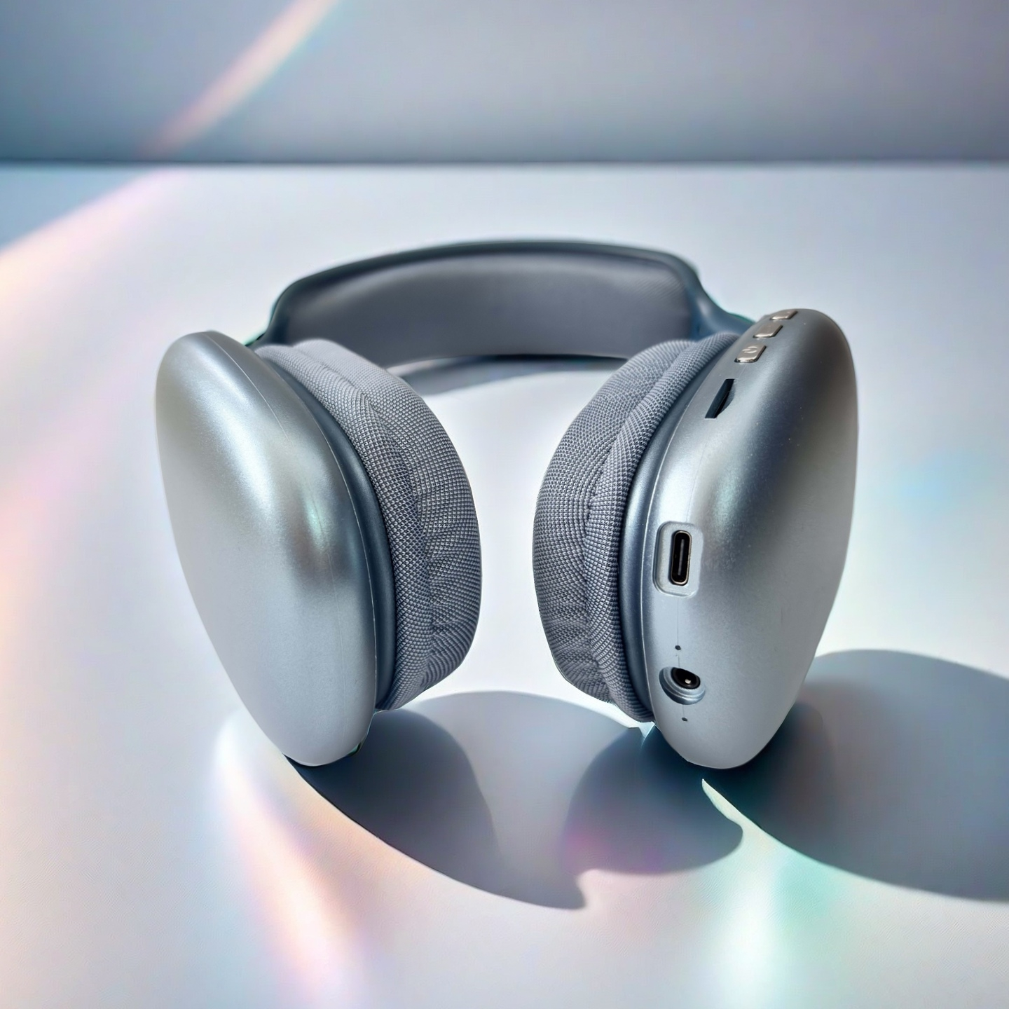 Auriculares plateados supraaurales con almohadillas grises sobre superficie blanca con reflejos.