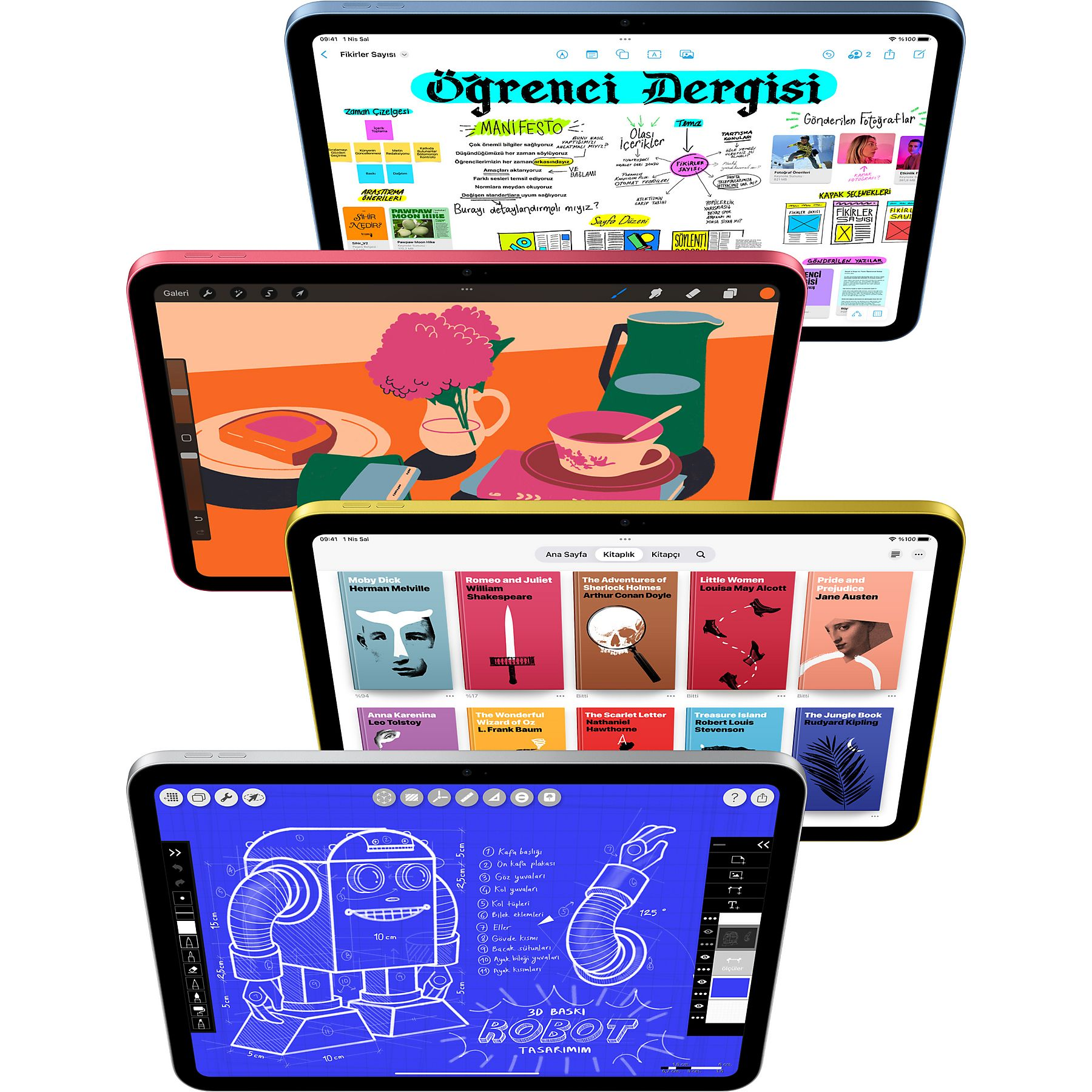 Birden fazla iPad'de çizim, kitap kapakları ve zihin haritası gibi çeşitli içerikler gösteriliyor.