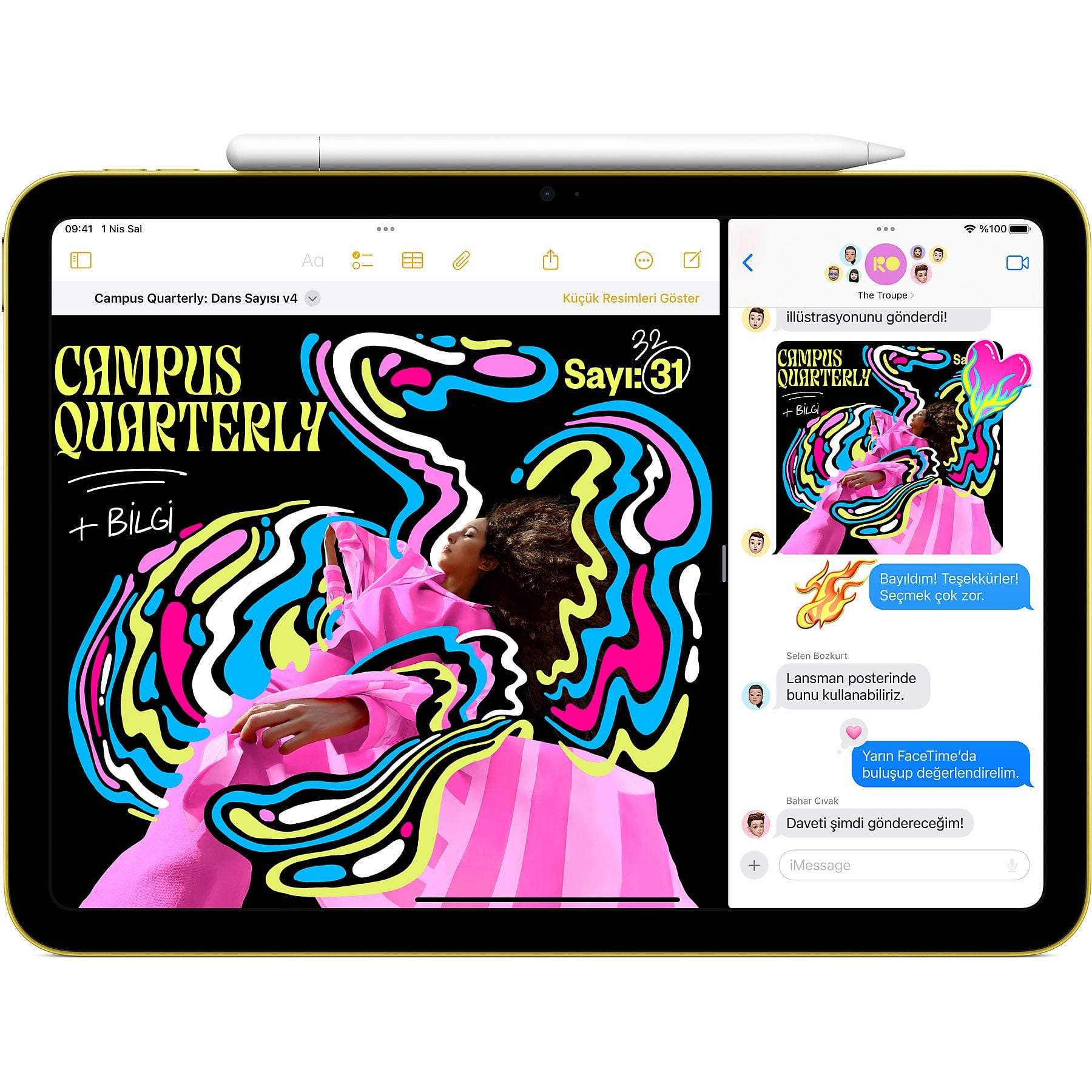 Bir tablet, pembe giyimli bir kadın ve metin içeren renkli bir kolaj gösteriyor.
