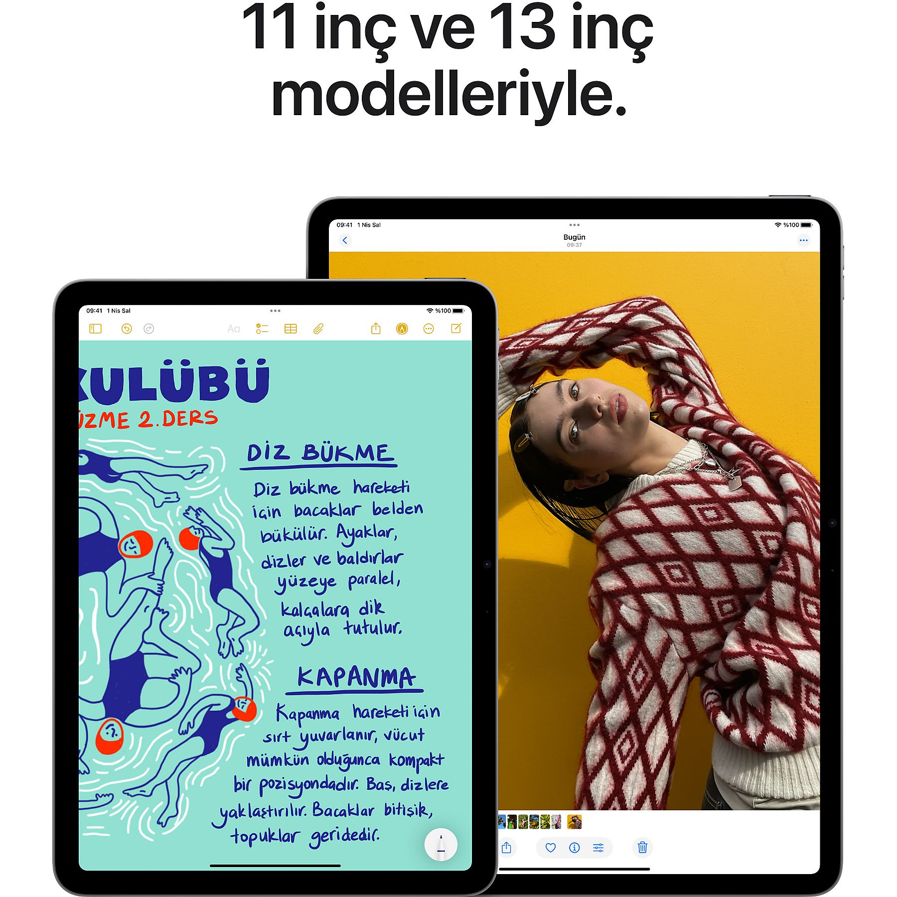İki tablet, bir kadın ve yüzme egzersizi şeması gösteriyor.