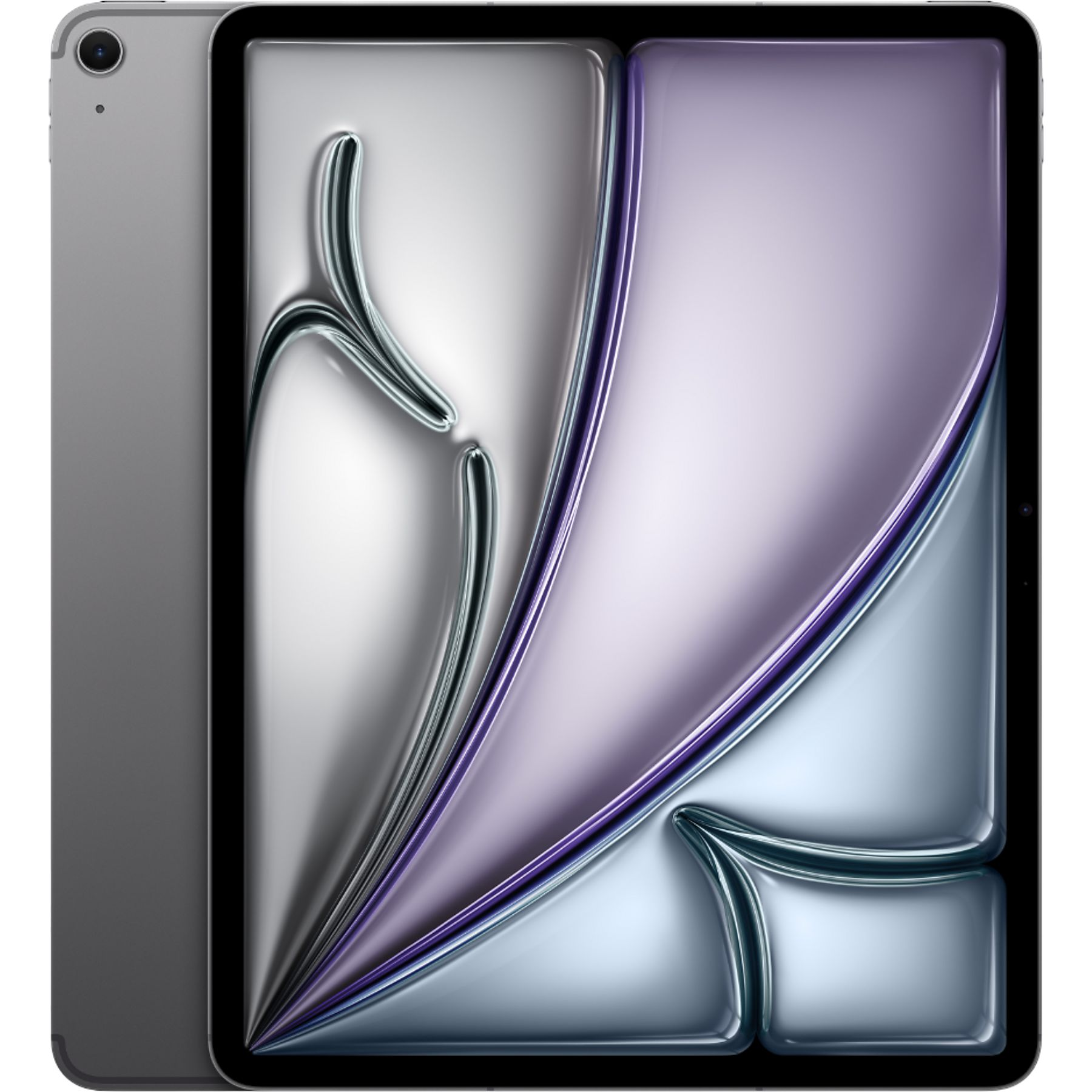 Ekranında metalik, dalgalı grafik bulunan gri tablet.