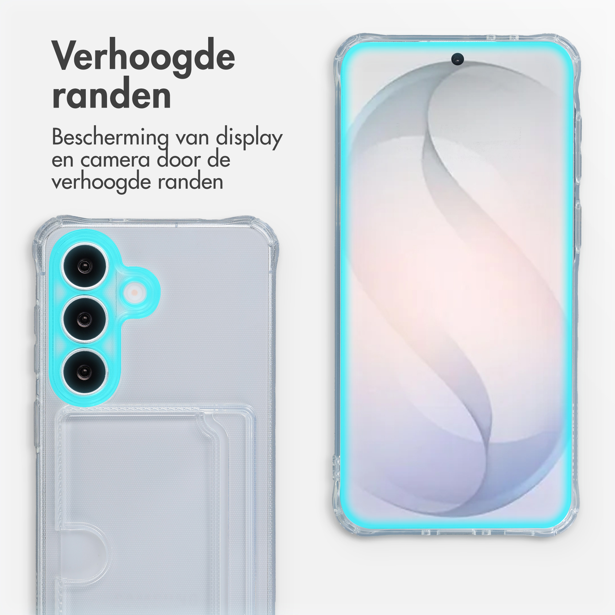 Transparante telefoonhoes met verhoogde randen beschermt camera en display.