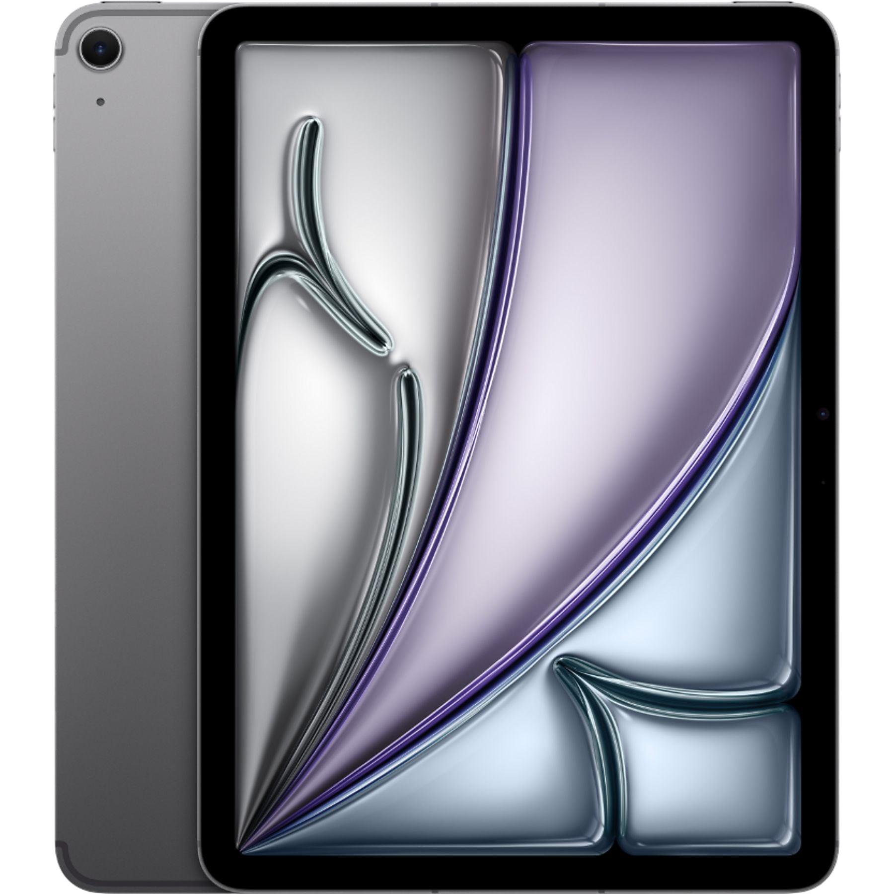 Soyut bir desen gösteren, pürüzsüz, parlak ekranlı gri bir tablet.