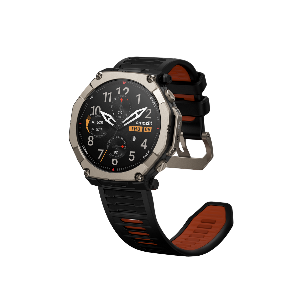 Eine schwarze und orangefarbene Smartwatch mit silbernem Rahmen auf schwarzem Hintergrund.