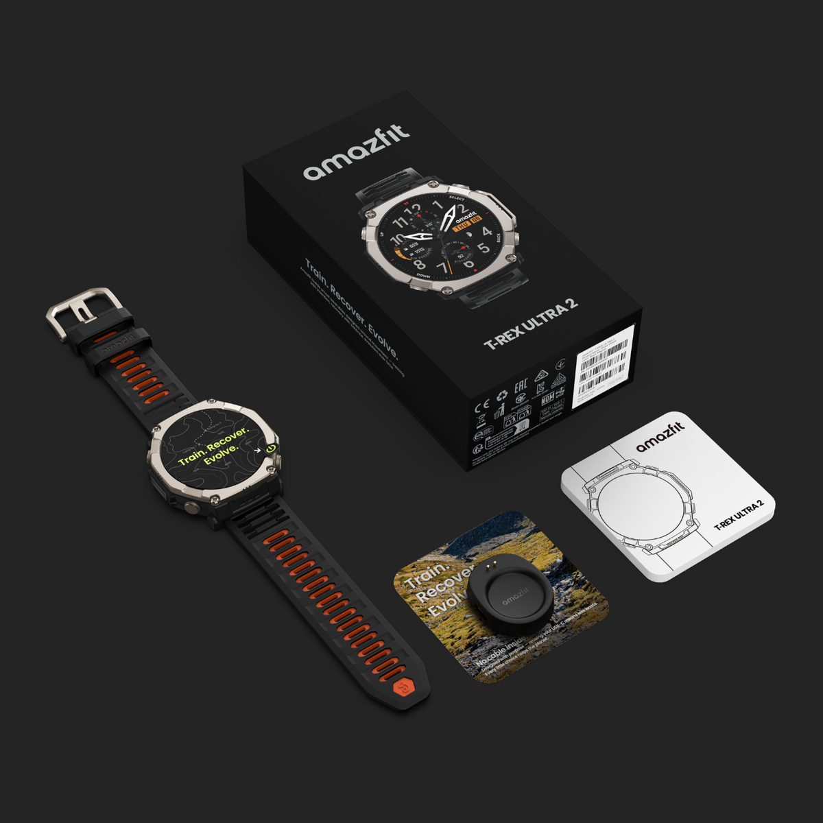Amazfit T-Rex Ultra 2 Smartwatch mit Zubehör auf dunklem Hintergrund.
