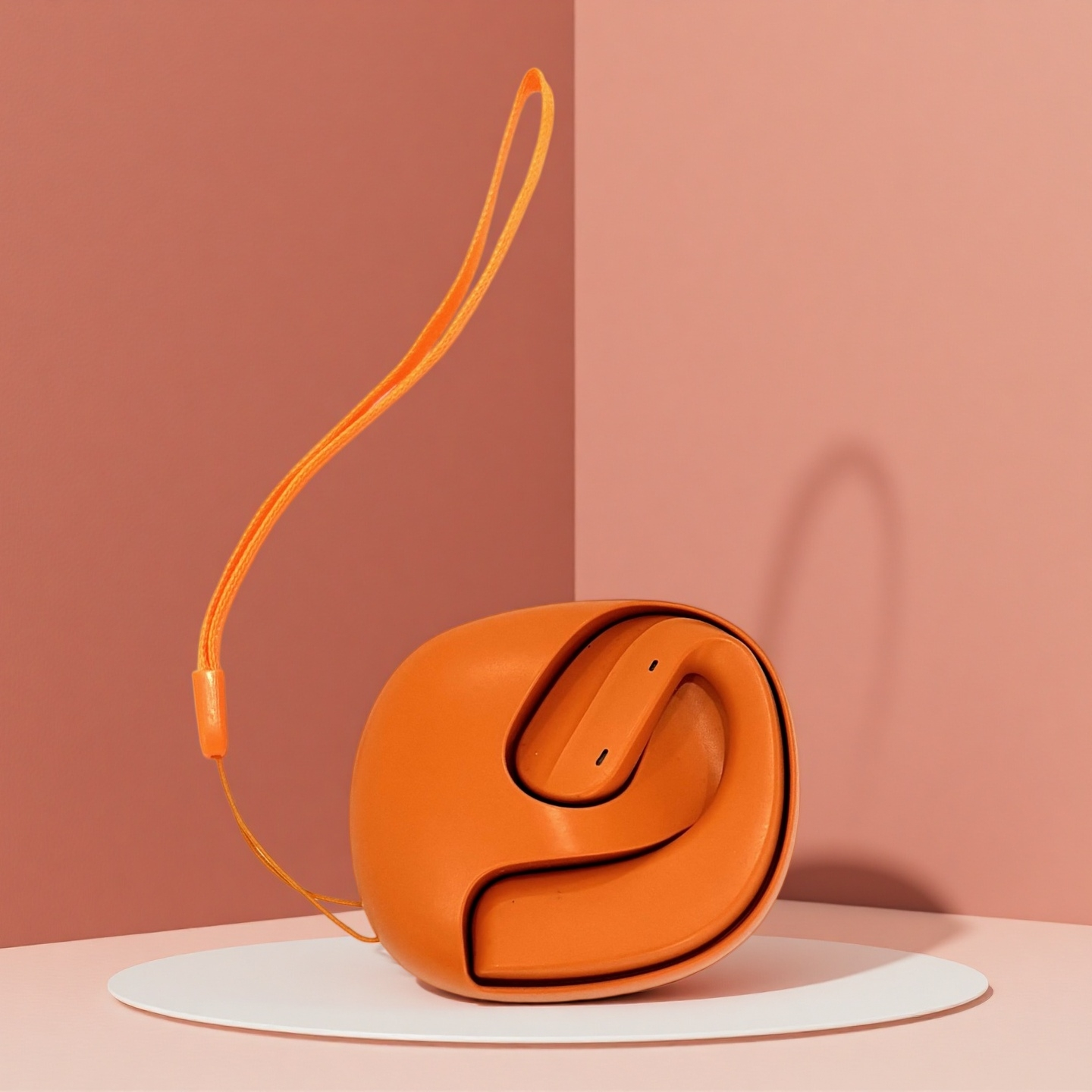 Un objeto naranja plegable con una correa sobre un pedestal blanco.