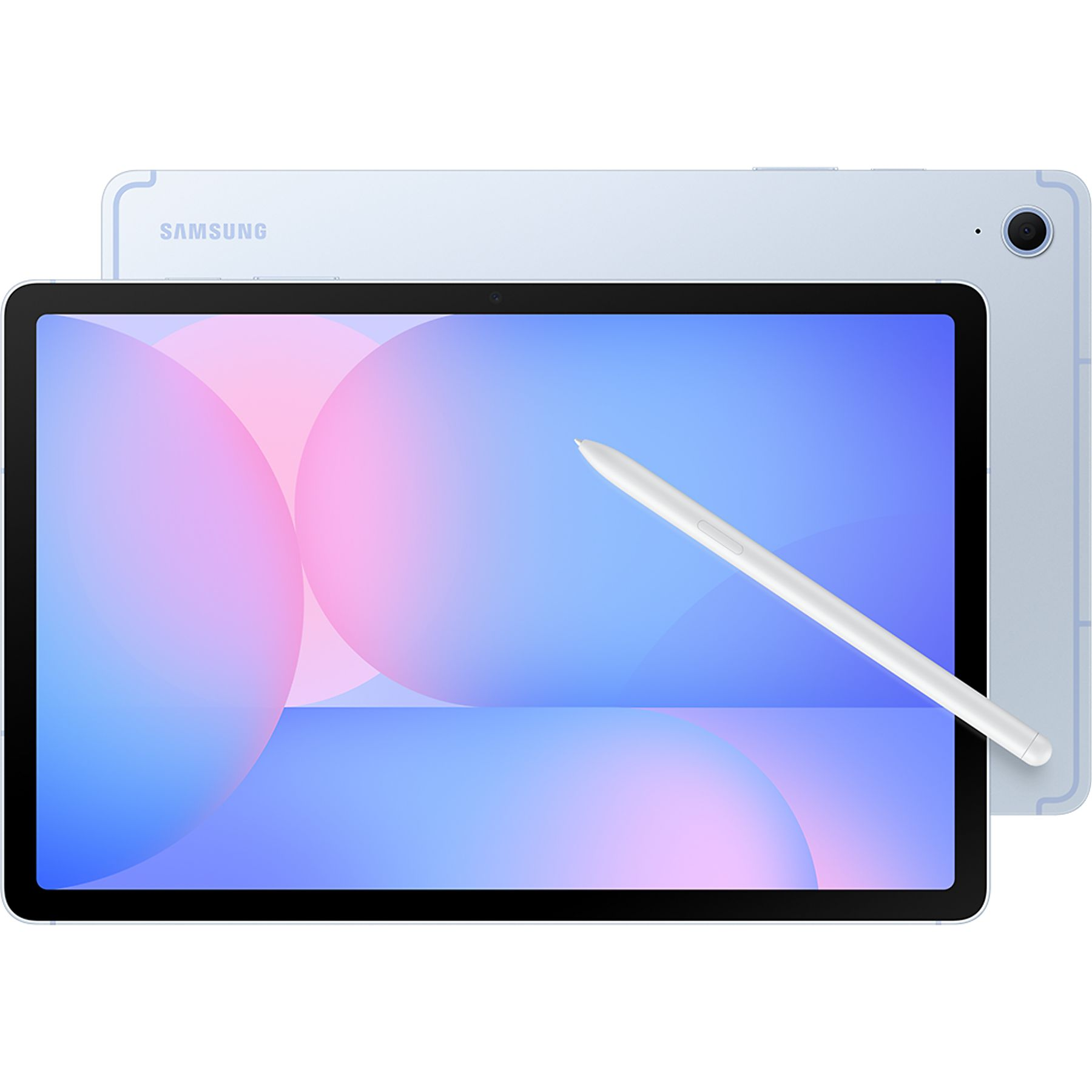 Ekranında beyaz bir kalem bulunan açık mavi Samsung tablet.