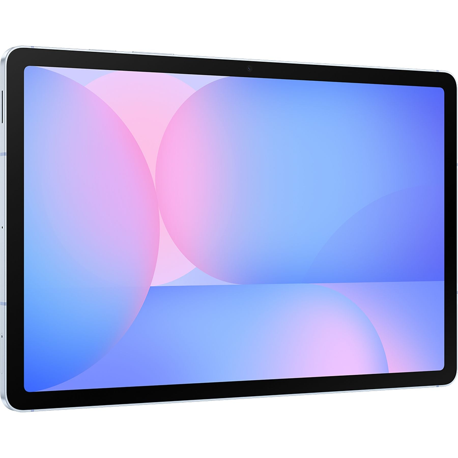 Mavi ve pembe tonlarda soyut bir arka plana sahip açık mavi tablet.