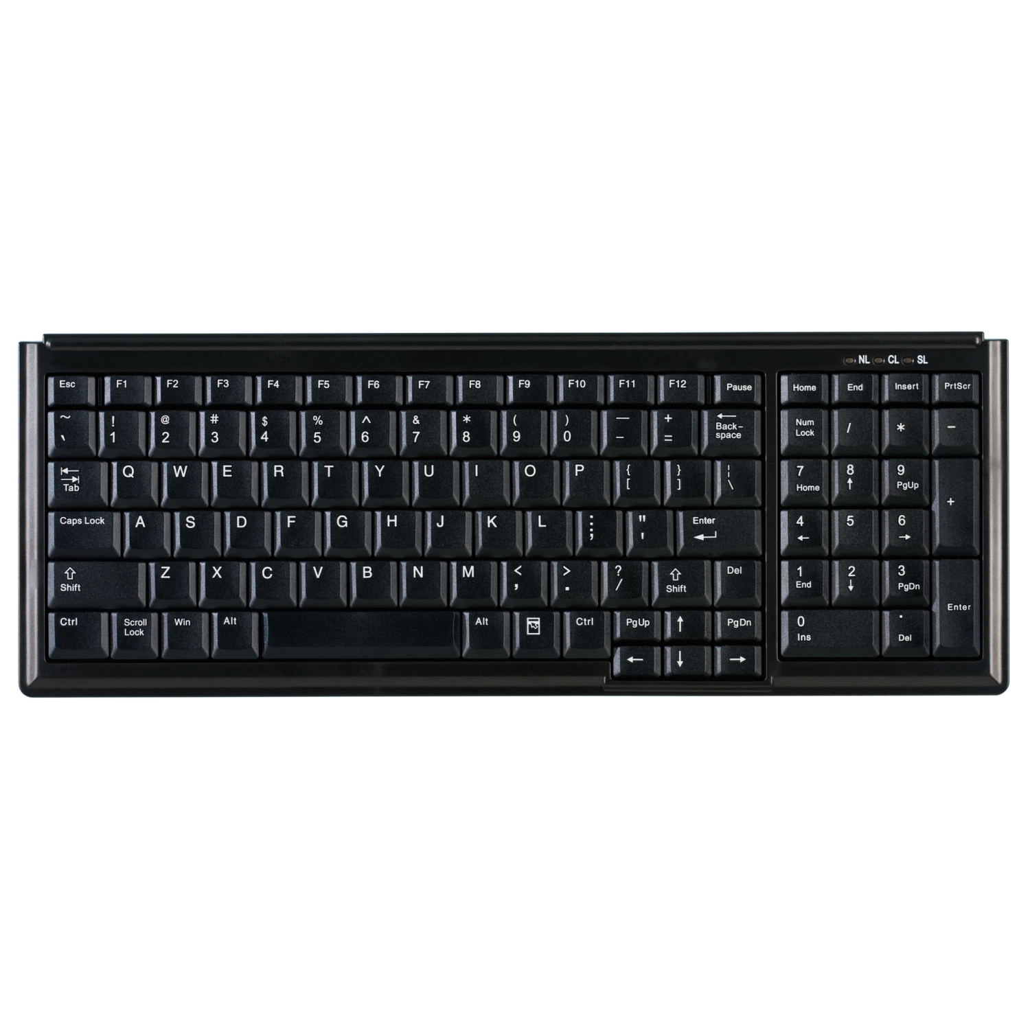 Schwarze Tastatur mit QWERTZ-Layout und Nummernblock.