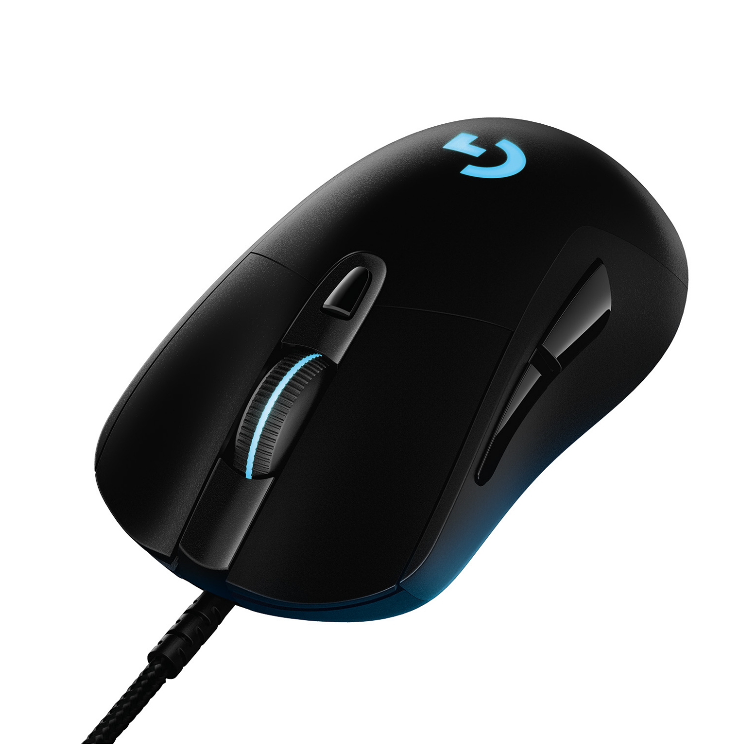 Czarna mysz gamingowa Logitech z niebieskim logo G i podświetlaną rolką.