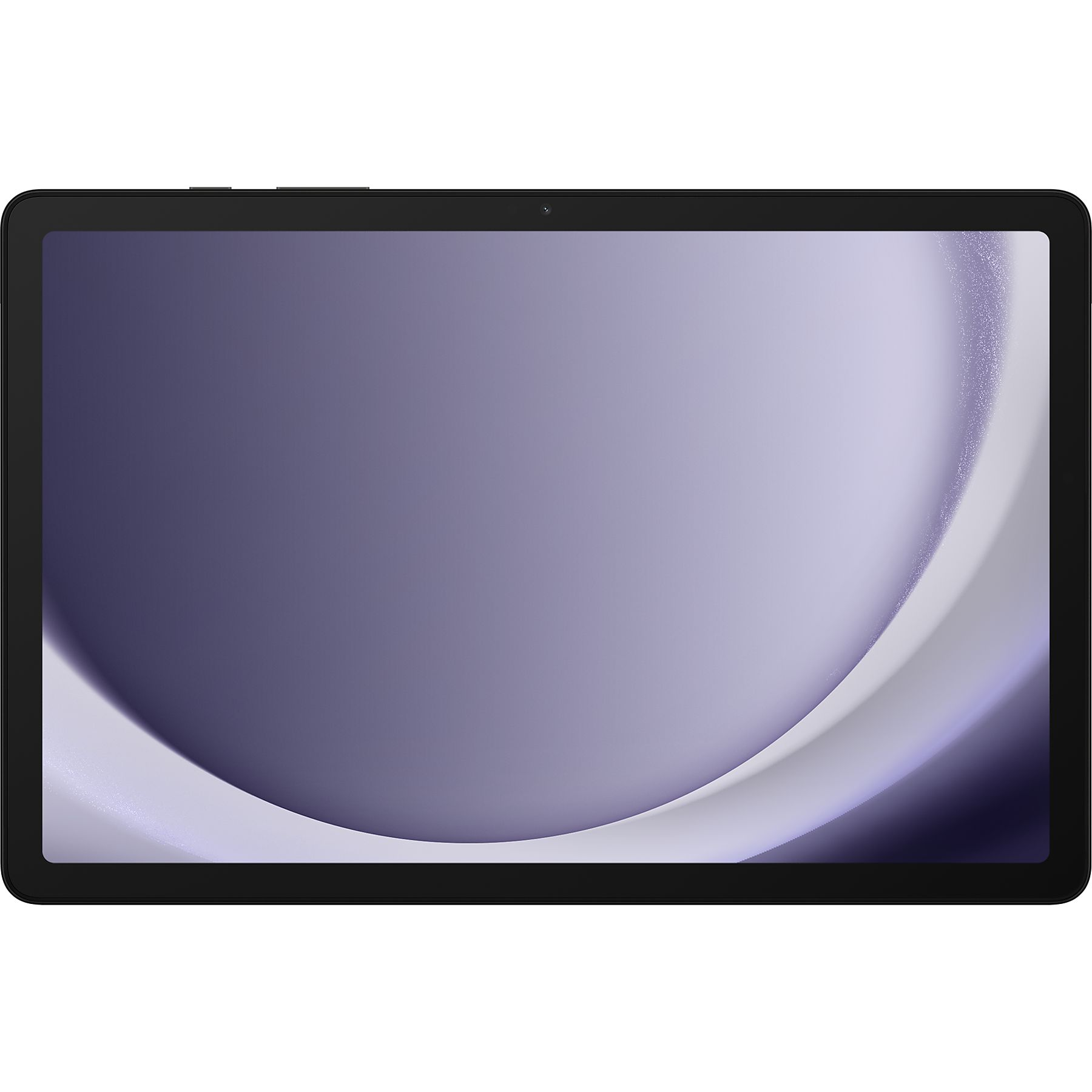Soyut mor ve beyaz arka plan görüntüsü gösteren siyah bir tablet.