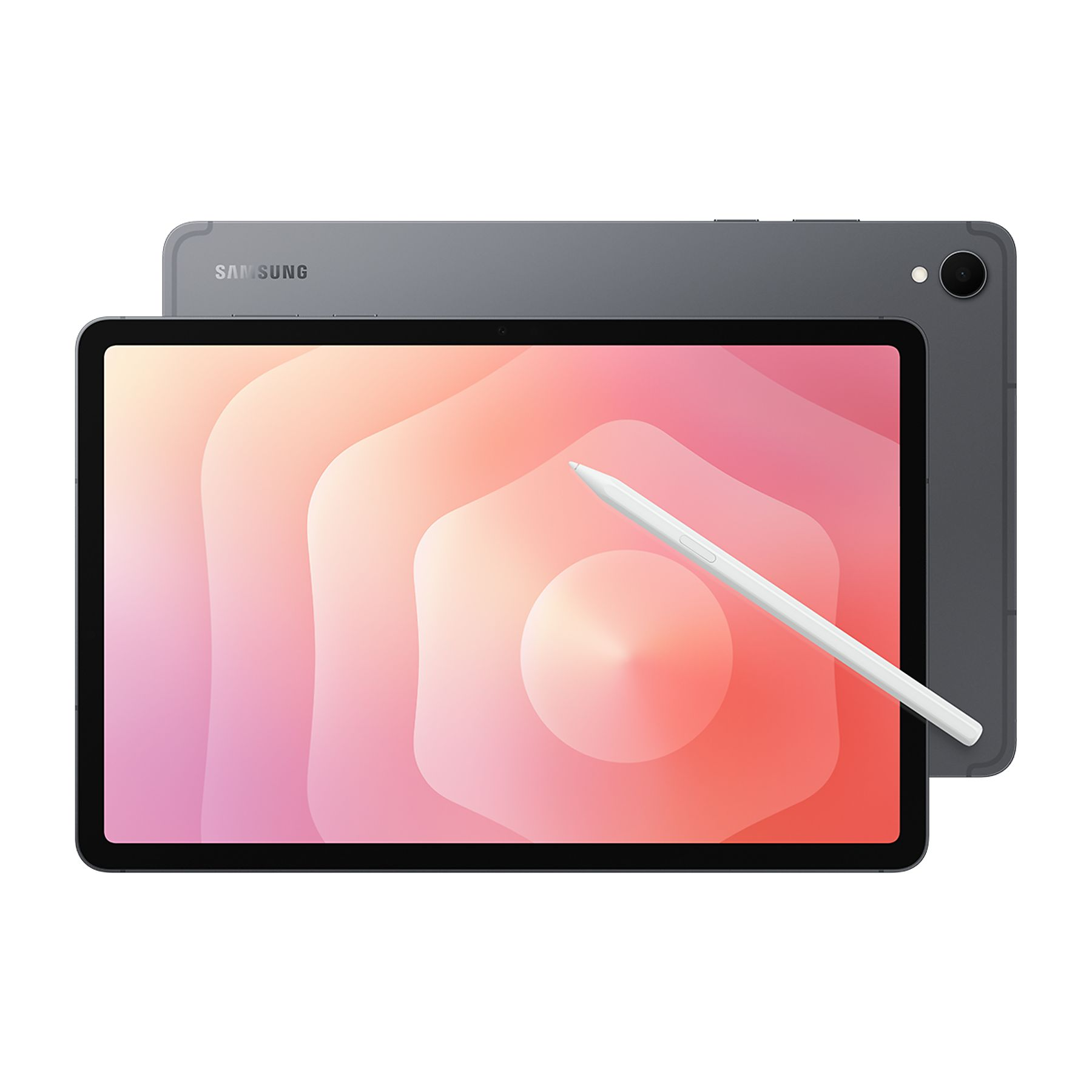 Ekranında beyaz kalem bulunan gri Samsung tablet.