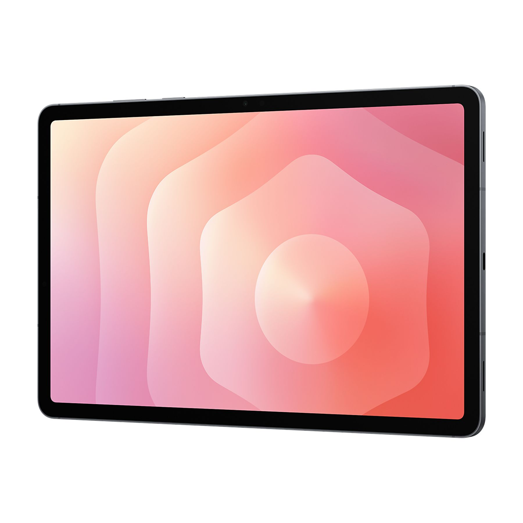 Pembe ve turuncu tonlarında soyut, üst üste binen bir desene sahip tablet.