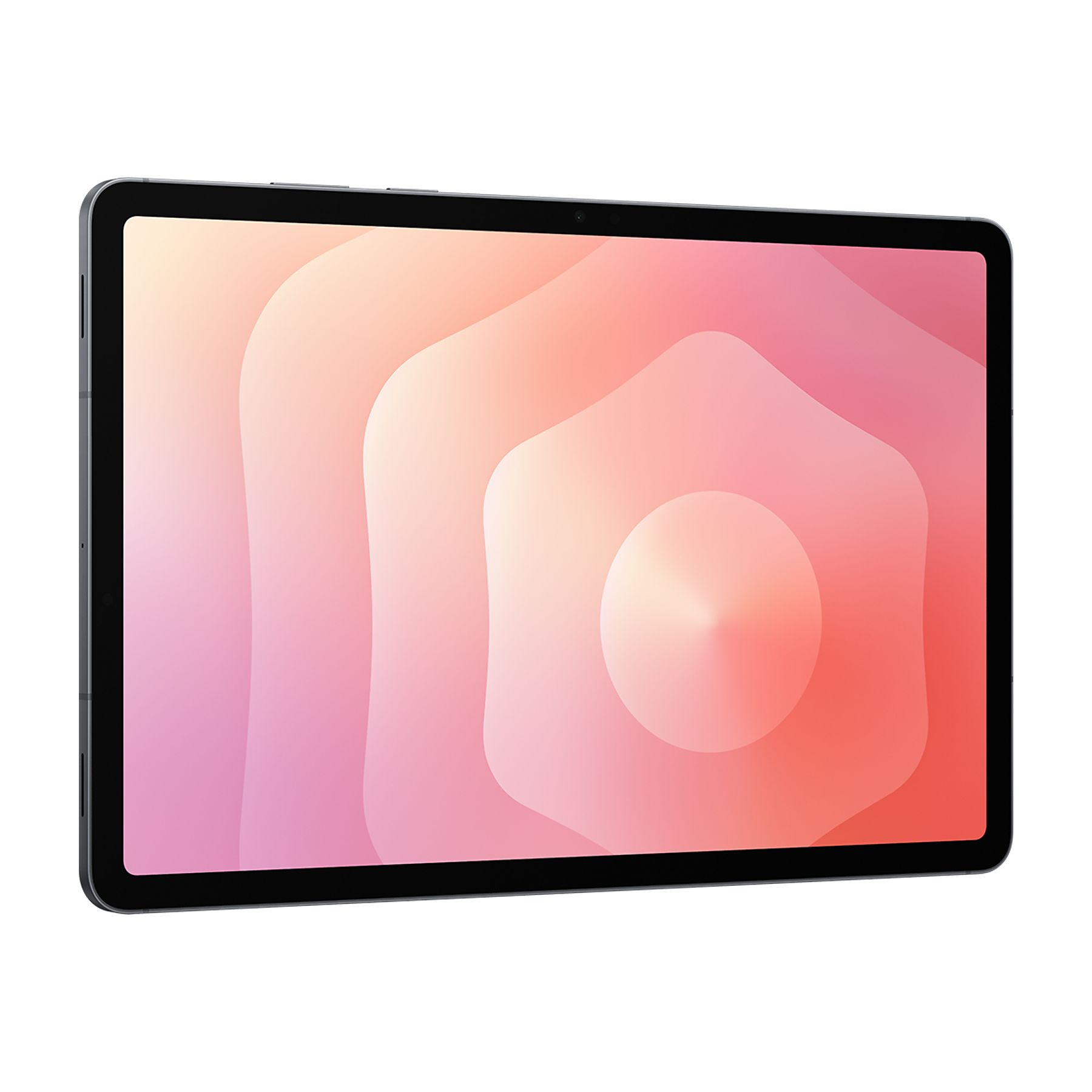 Pembe ve mercan soyut arka planı olan koyu renkli bir tablet.