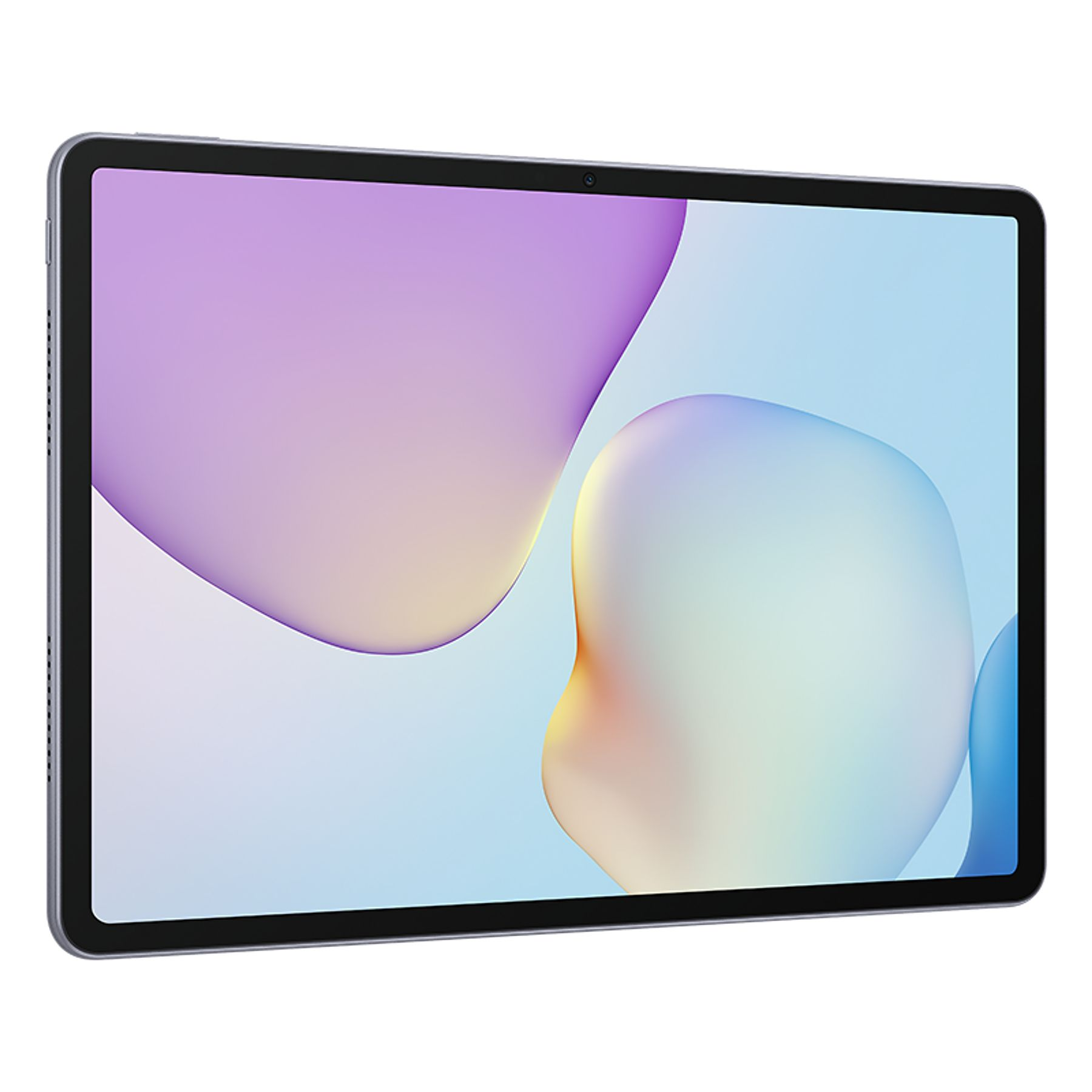 Ein violett-graues Tablet mit einem bunten Hintergrundbild, das weiche, abstrakte Formen zeigt.