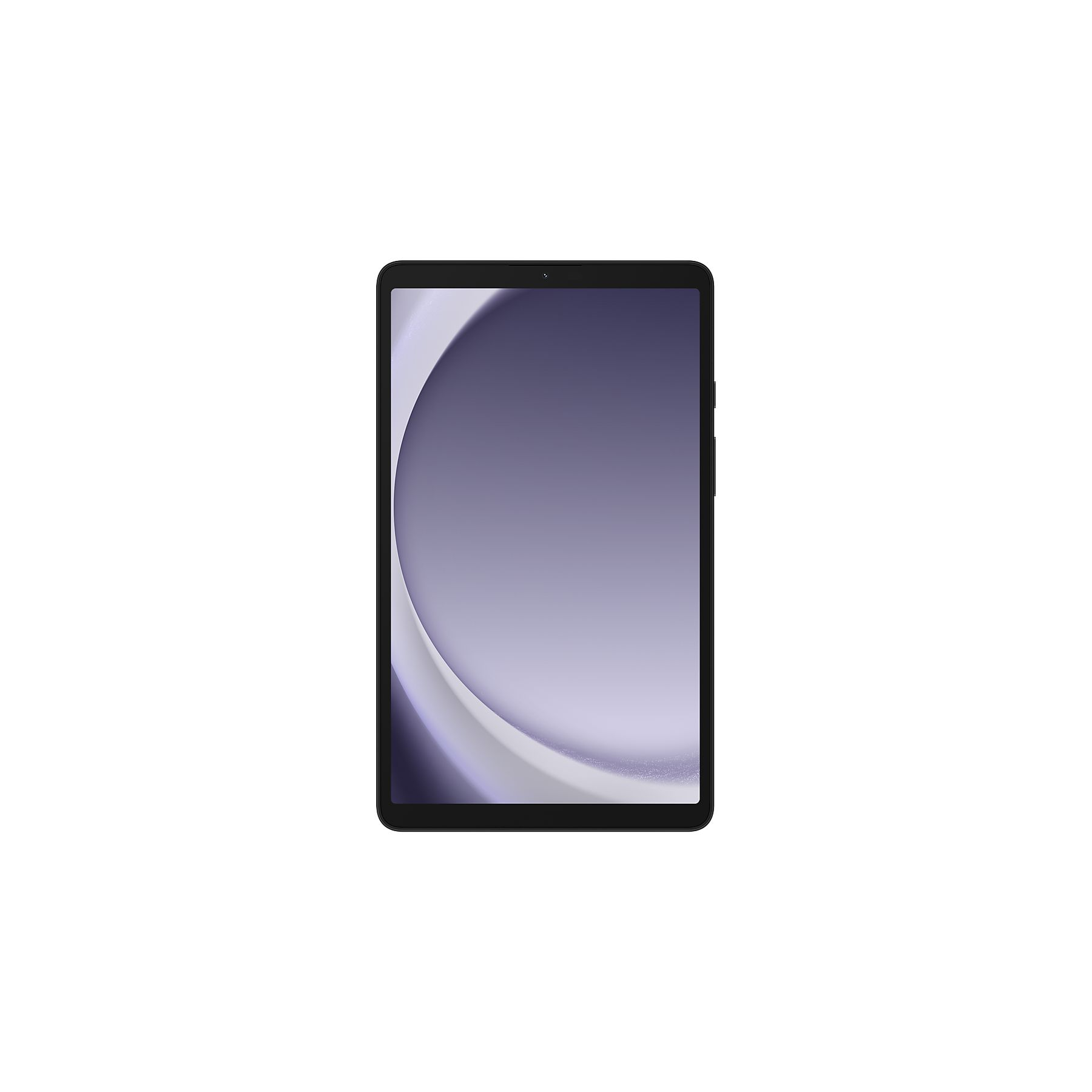 Ekranında mor ve beyaz soyut arka plan görüntüsü bulunan siyah bir tablet.