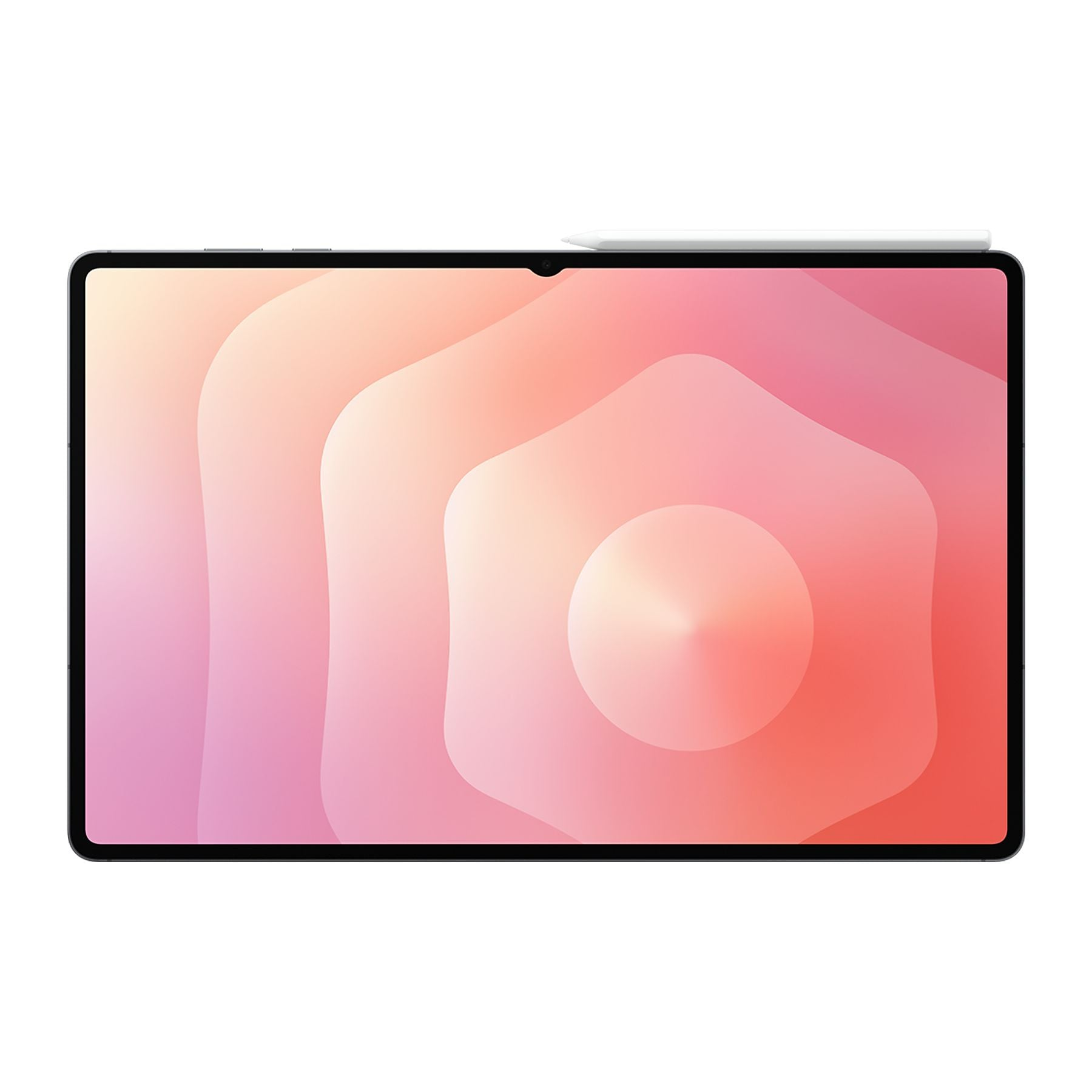 Styluslu bir tablet, pembe ve şeftali tonlarında soyut geometrik bir arka plan gösteriyor.