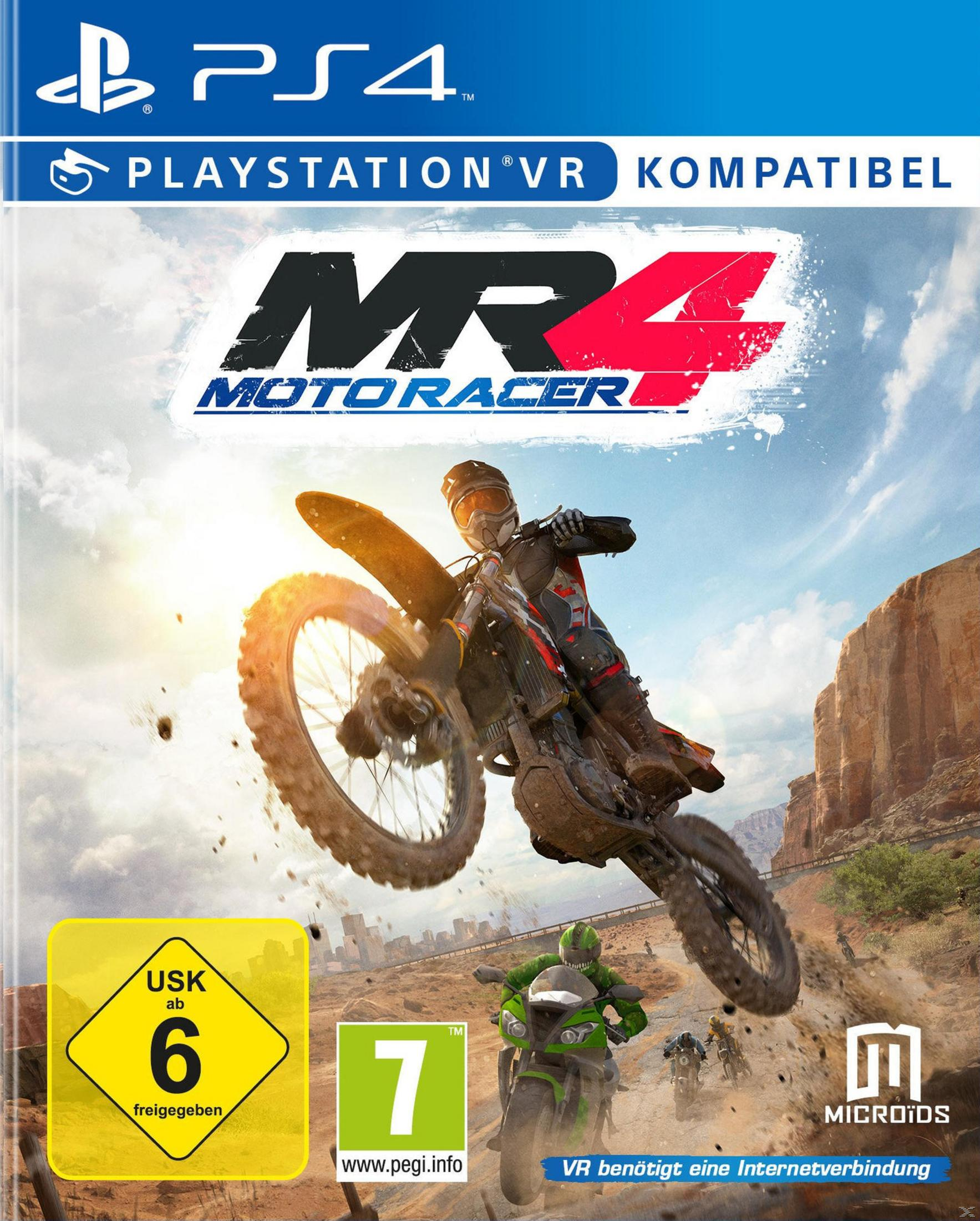 Motorradfahrer springt in der Luft, PS4-Spielcover mit "Motoracer 4"-Logo.