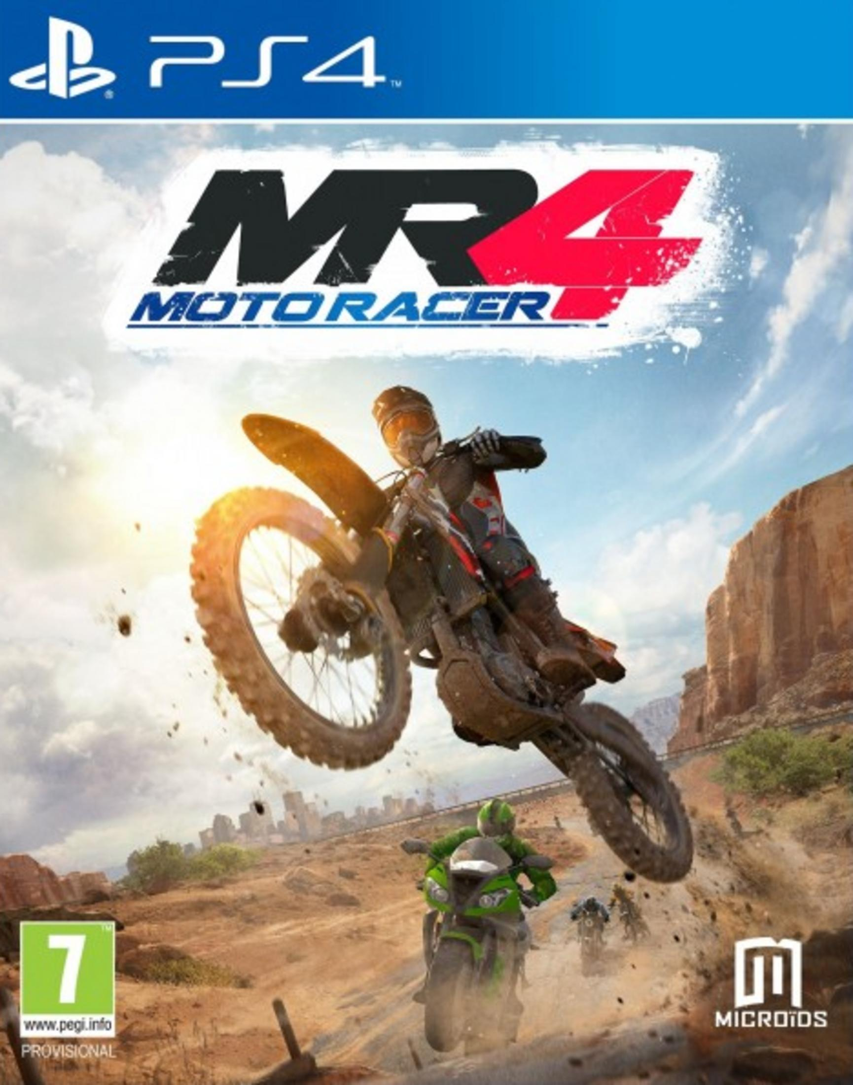 Motocross-Rennfahrer springt in der Wüste, PS4-Spielcover.