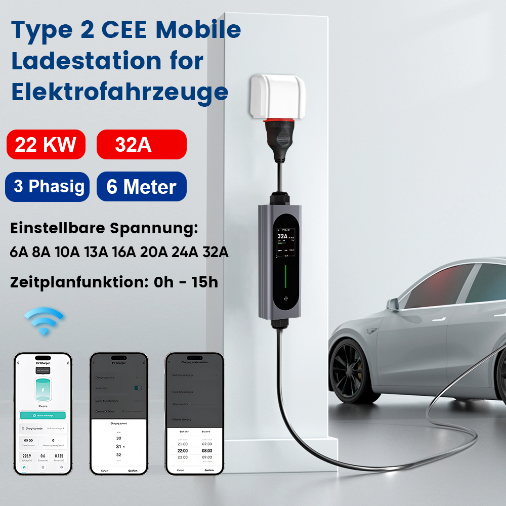 Mobile Ladestation für Elektroautos mit einstellbarer Spannung & Zeitplan.