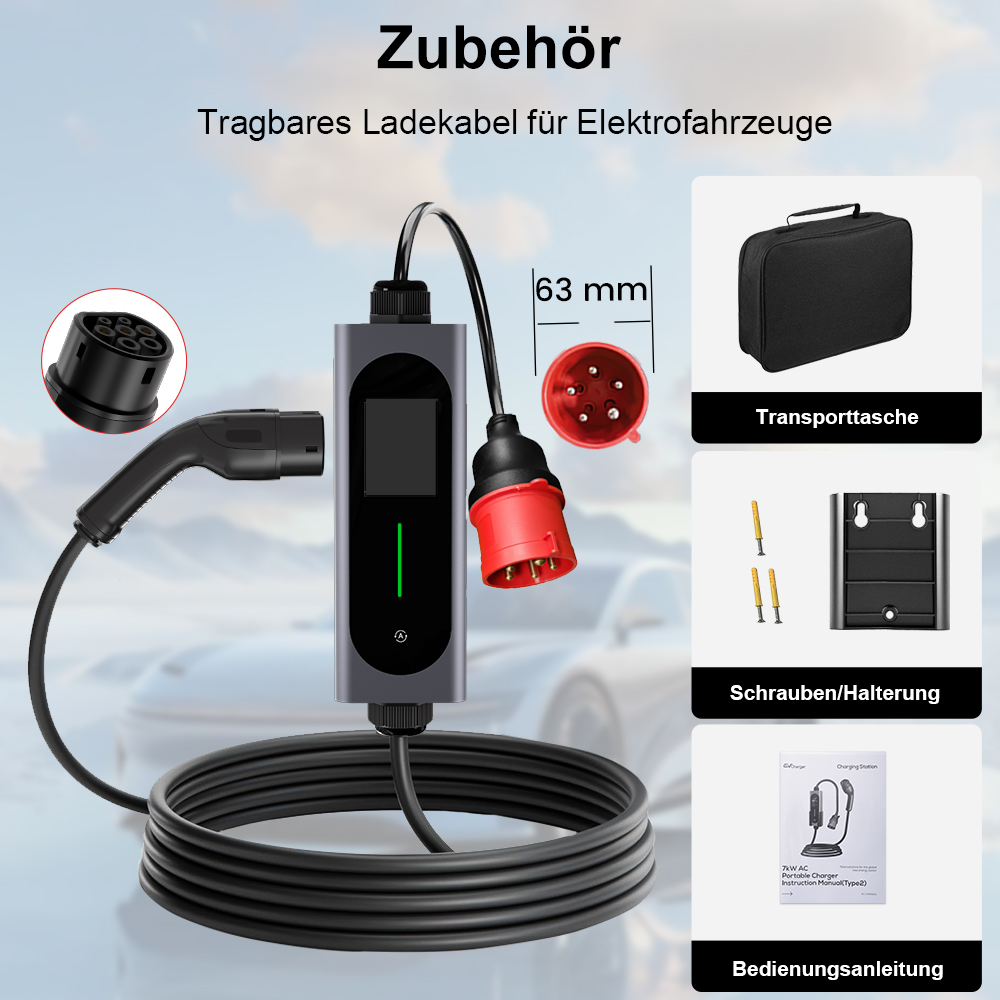 Tragbares Ladekabel mit Stecker, Transporttasche, Halterung und Anleitung.