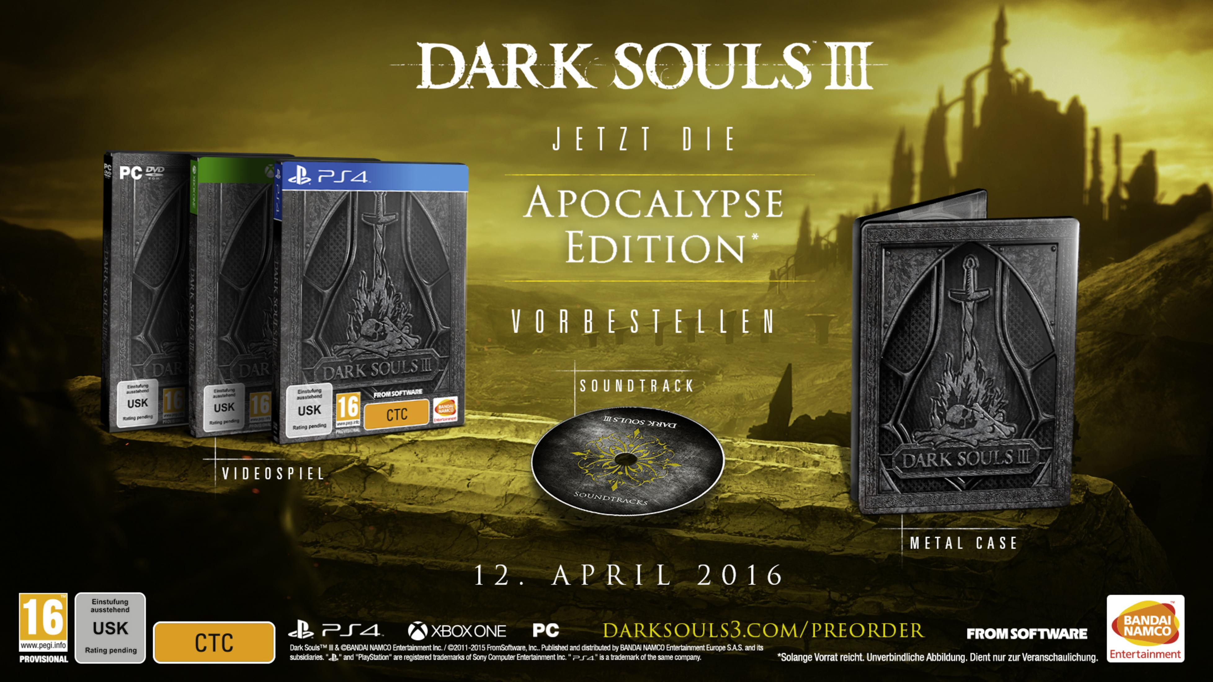 Edición Apocalipsis de Dark Souls III con steelcase, juego y banda sonora. Lanzamiento 12 de abril.
