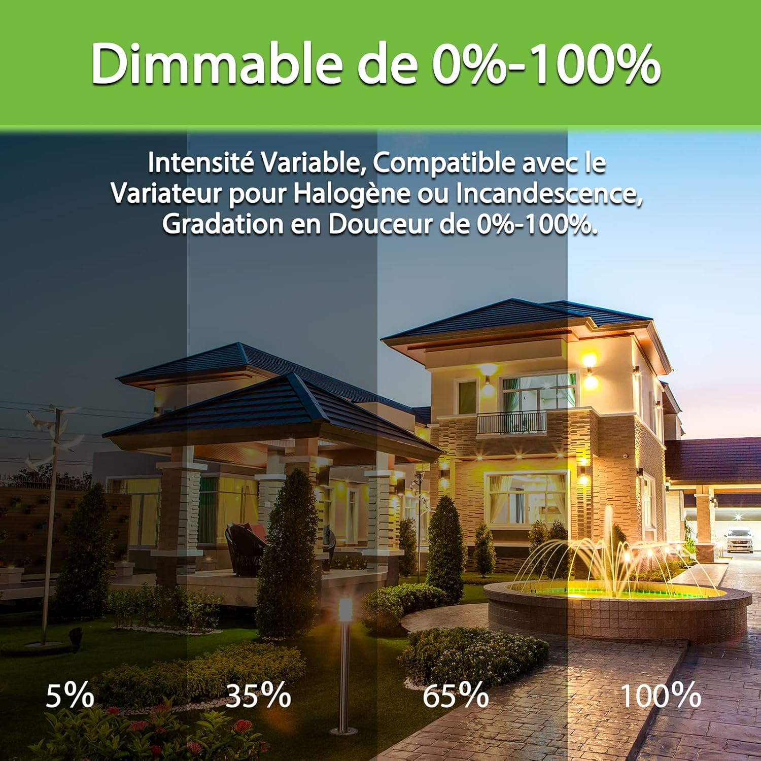 Haus mit Beleuchtung bei verschiedenen Dimmstufen von 5% bis 100%.