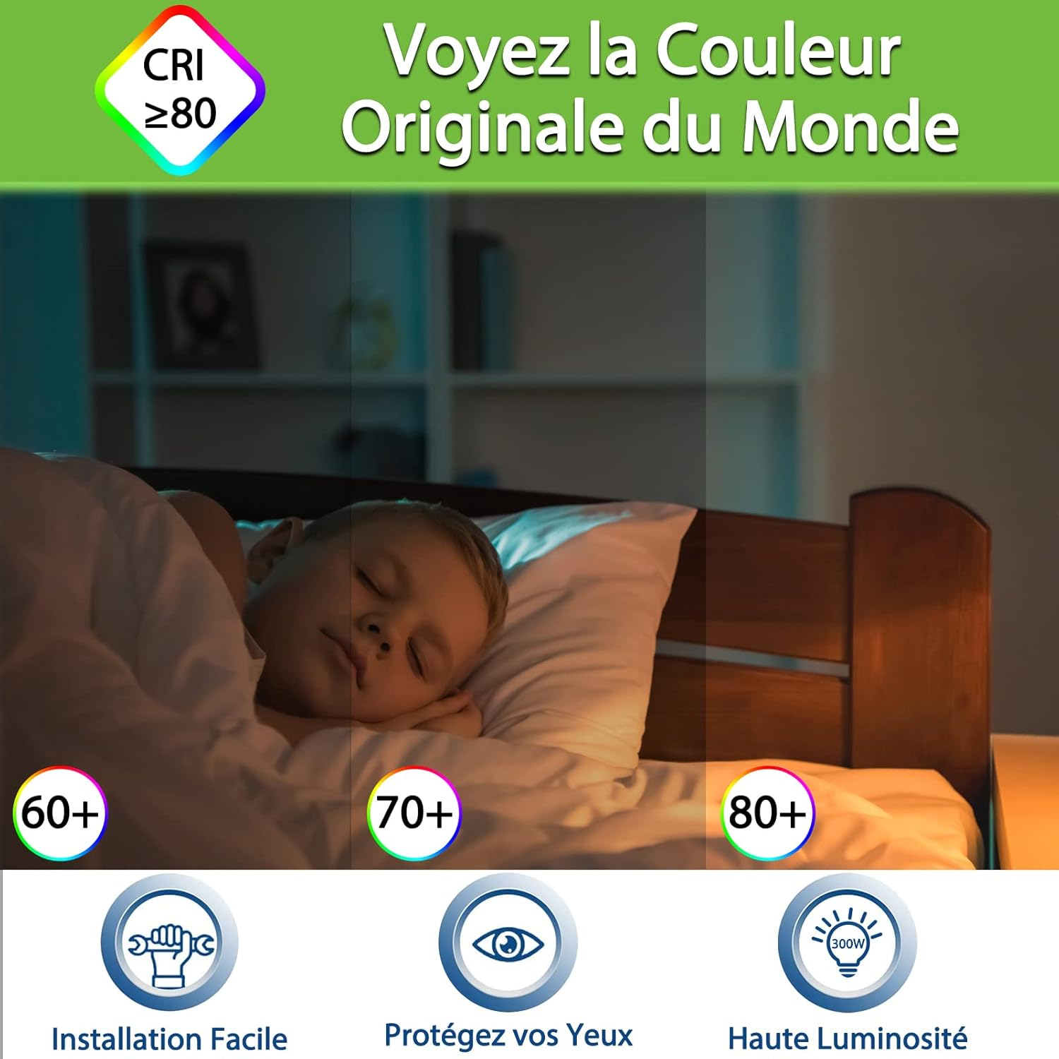Ein Junge schläft im Bett, mit Lichteffekten, die 60+, 70+ und 80+ CRI zeigen.