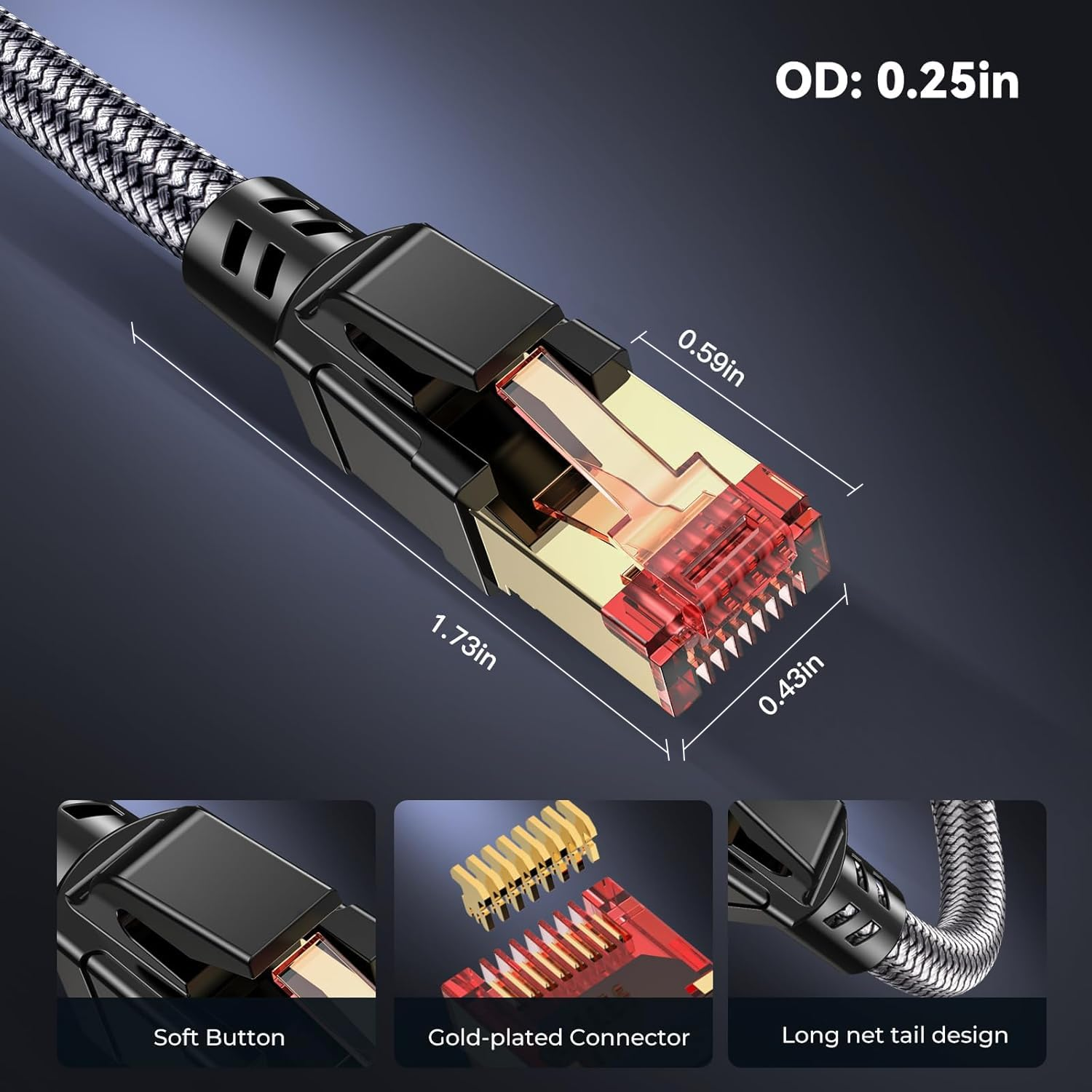 Złącze kabla Ethernet ze złotymi pinami i plecionym kablem.