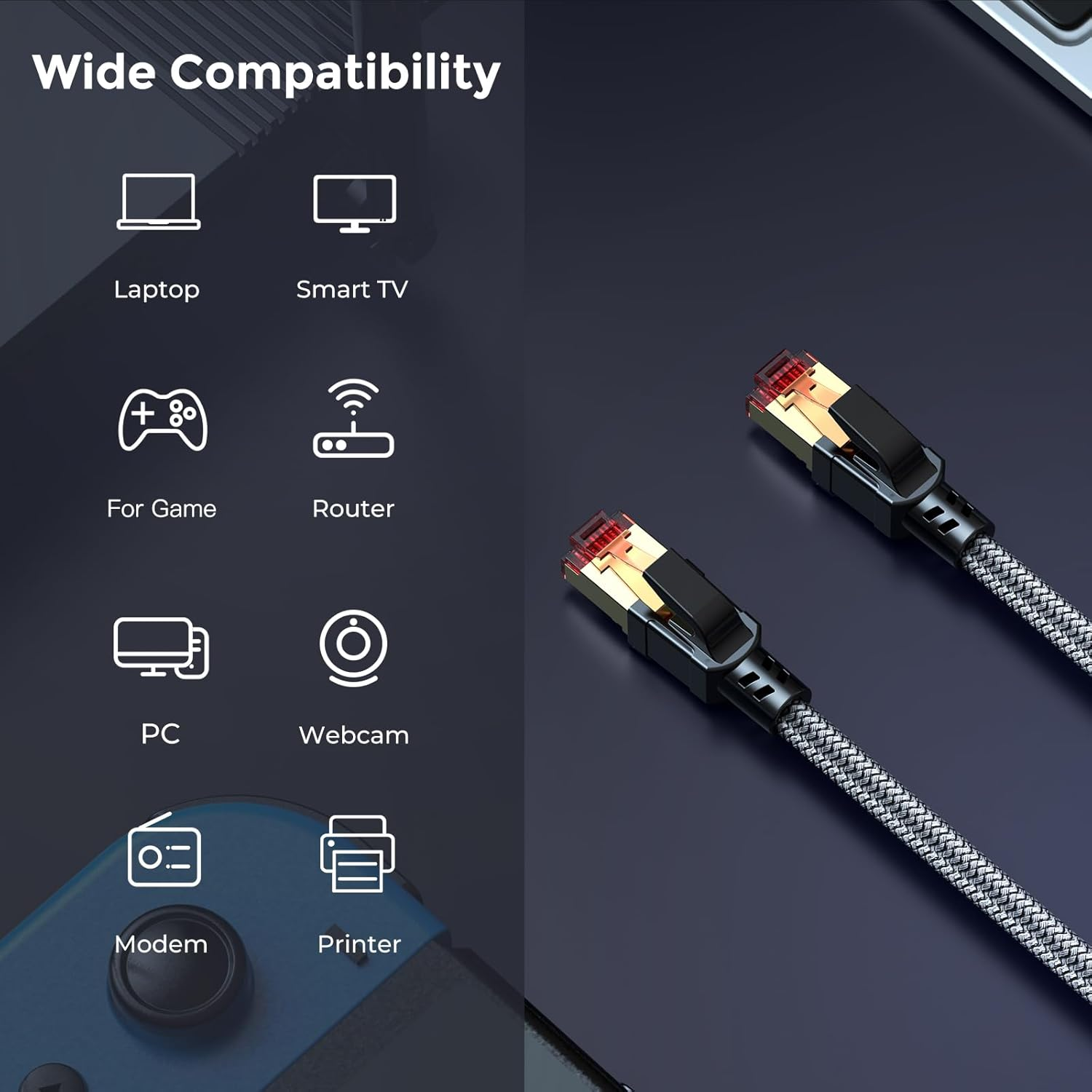 Kabel Ethernet ze złoconymi złączami i szarą plecioną linką.