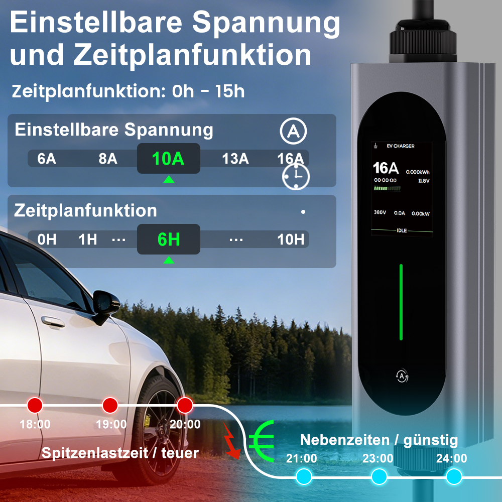EV-Ladegerät mit einstellbarer Spannung und Zeitplan. Anzeige zeigt 16A, 0.000kWh.