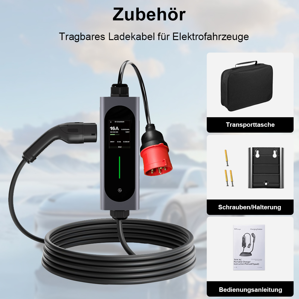 Ein tragbares EV-Ladegerät mit Kabel, Tasche, Halterung und Anleitung.