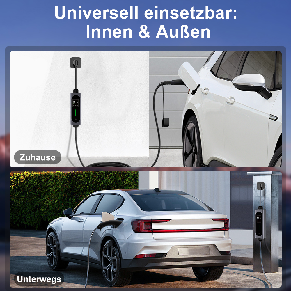 Ladestation für Elektroautos zu Hause und unterwegs. Innen und außen nutzbar.
