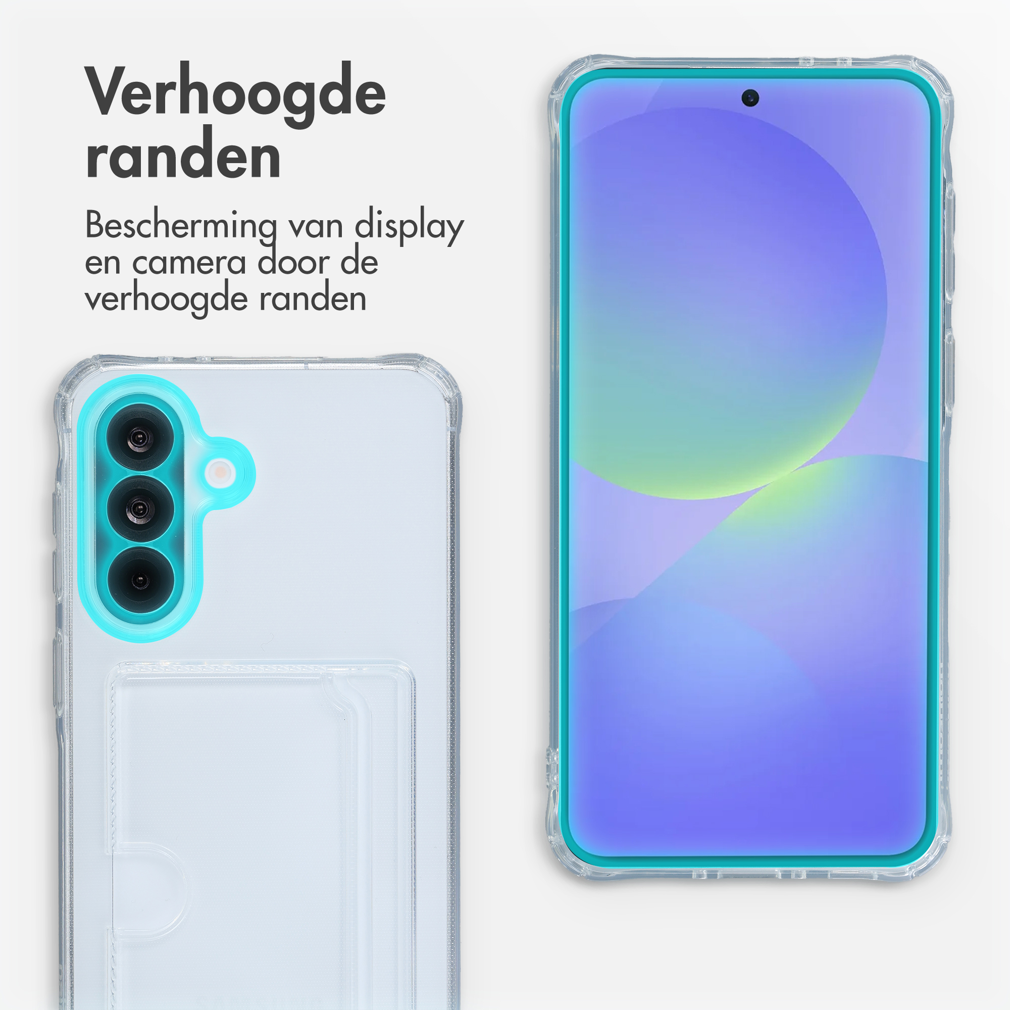 Coque de téléphone transparente avec bords surélevés pour écran et appareil photo.