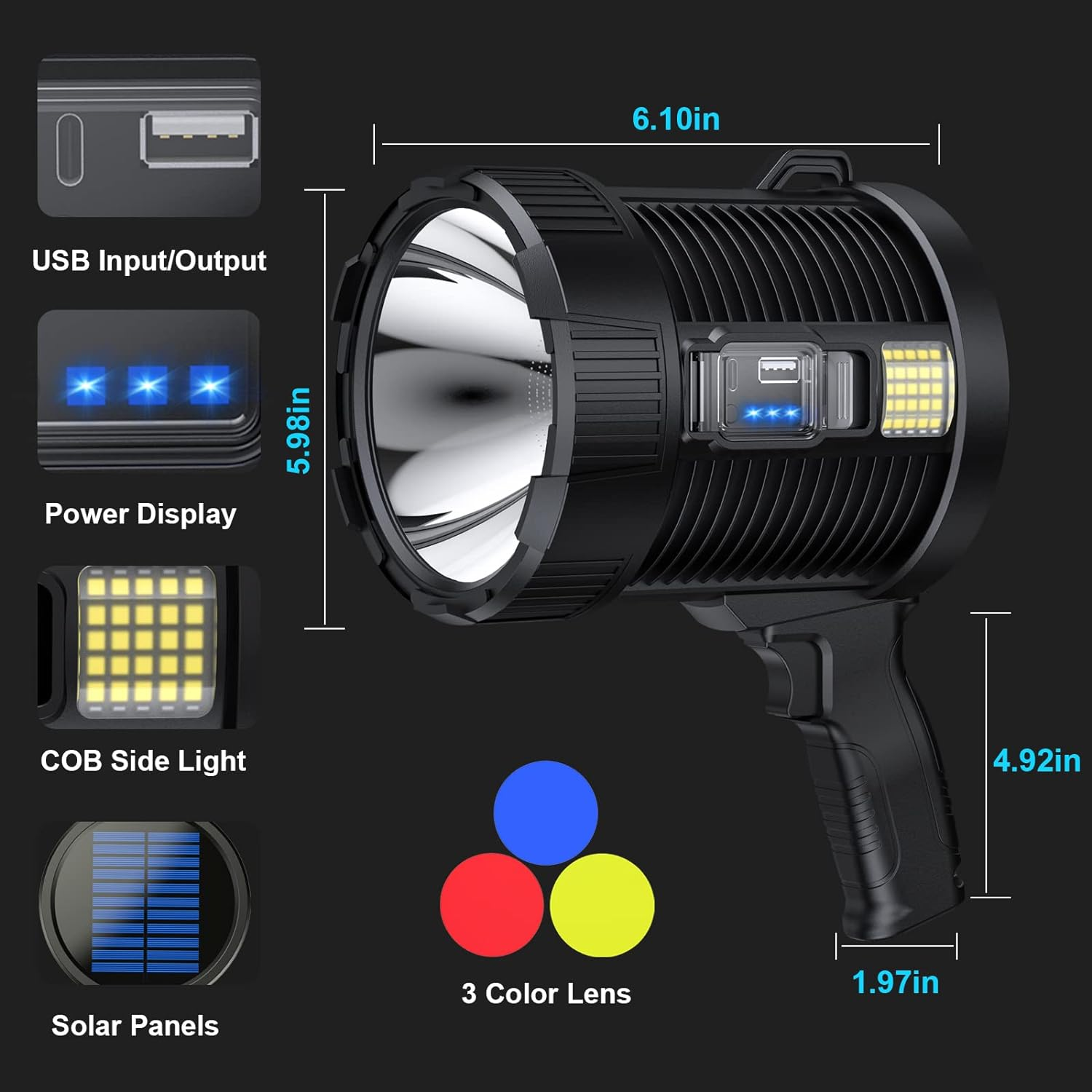 Schwarzer Scheinwerfer mit USB, COB-Seitenlicht, Solarpanel und Farblinsen.