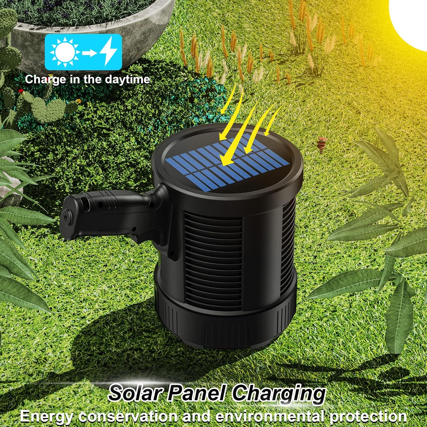 Ein schwarzer Solarlicht-Aufladegerät auf Gras, mit Sonne und Pfeilen.