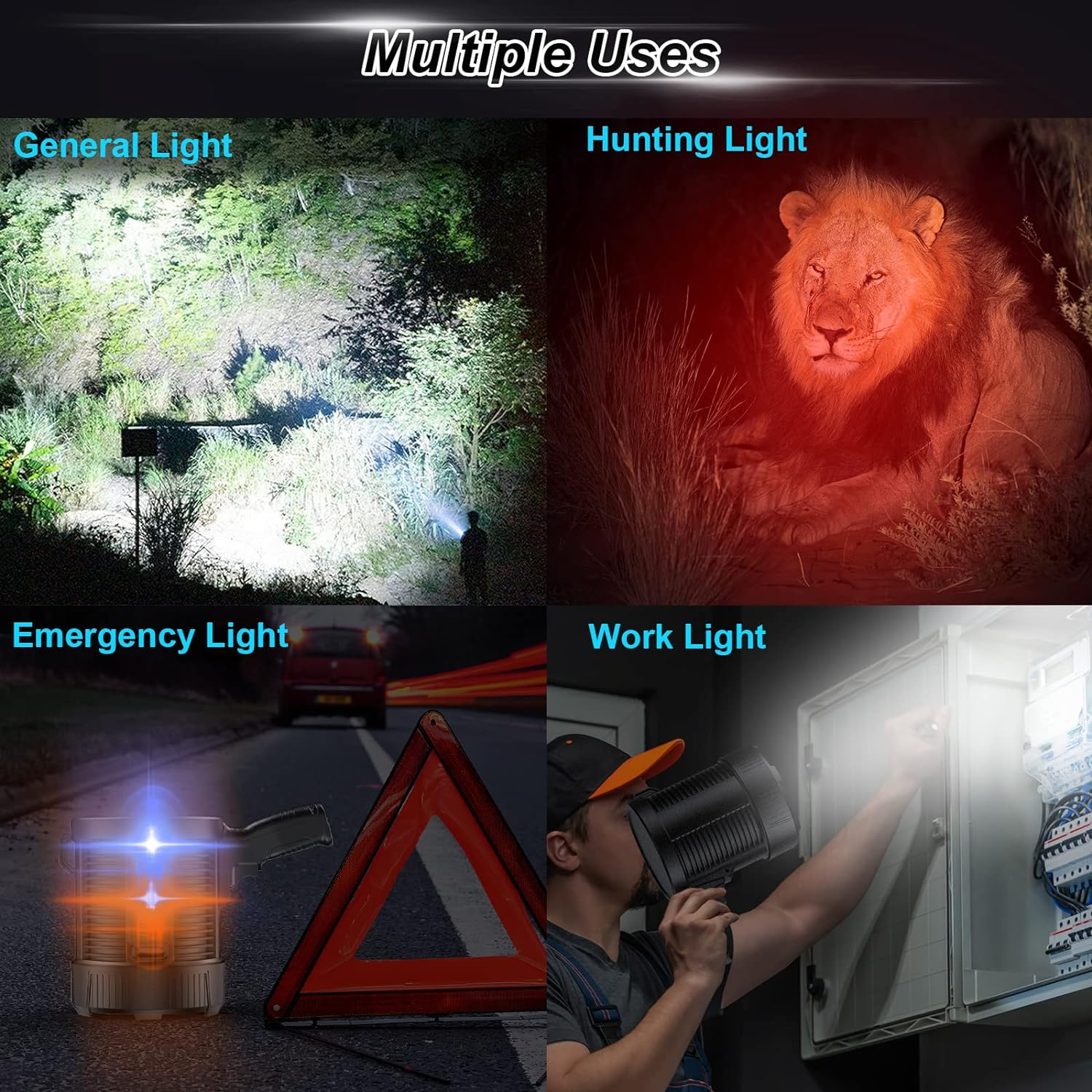 Collage zeigt vier Lichtnutzungen: allgemein, Jagd, Notfall und Arbeit.