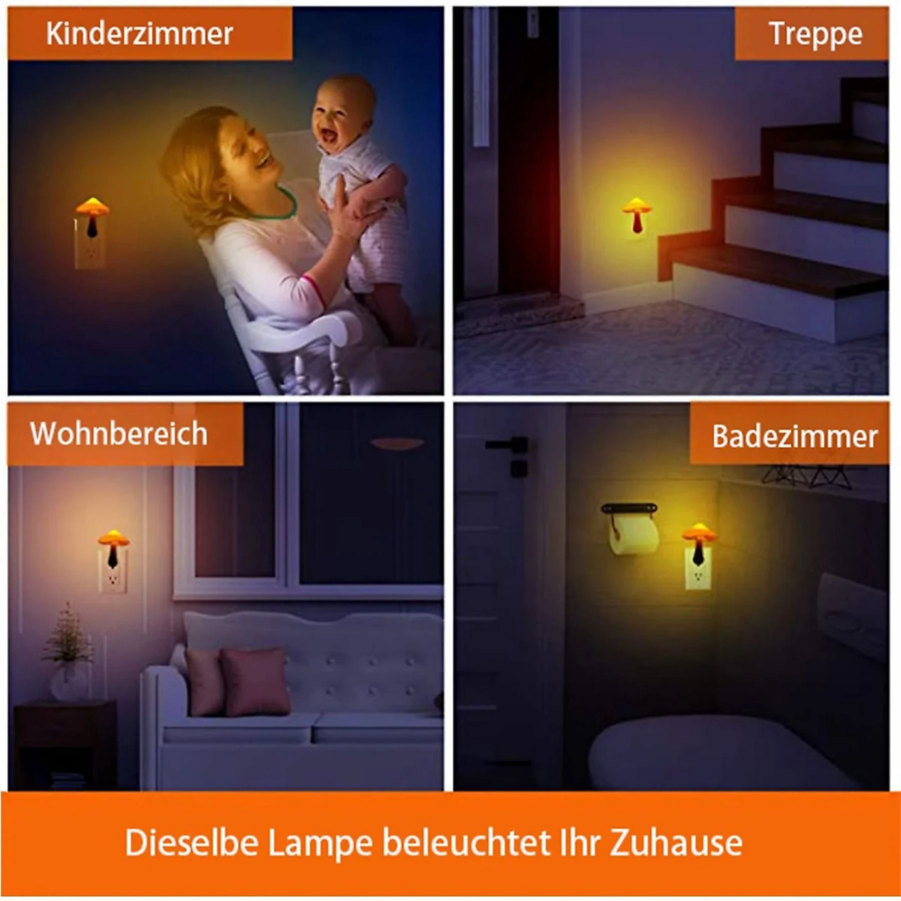 Vier Szenen zeigen eine Pilzlampe in Kinderzimmer, Treppe, Wohnbereich und Bad.