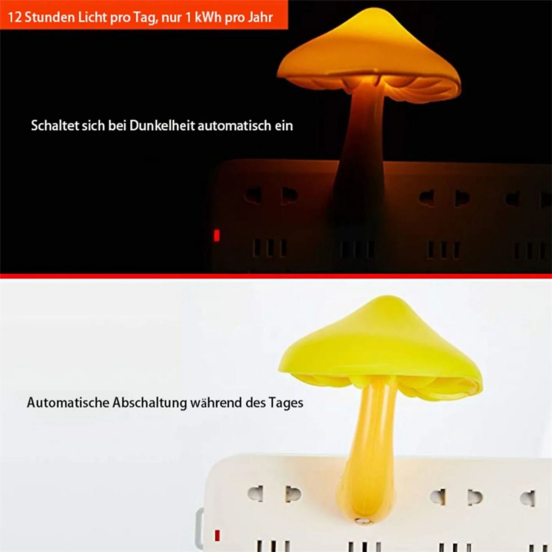 Gelbes Pilzlicht leuchtet neben einer Steckdosenleiste in Dunkelheit und Tag.