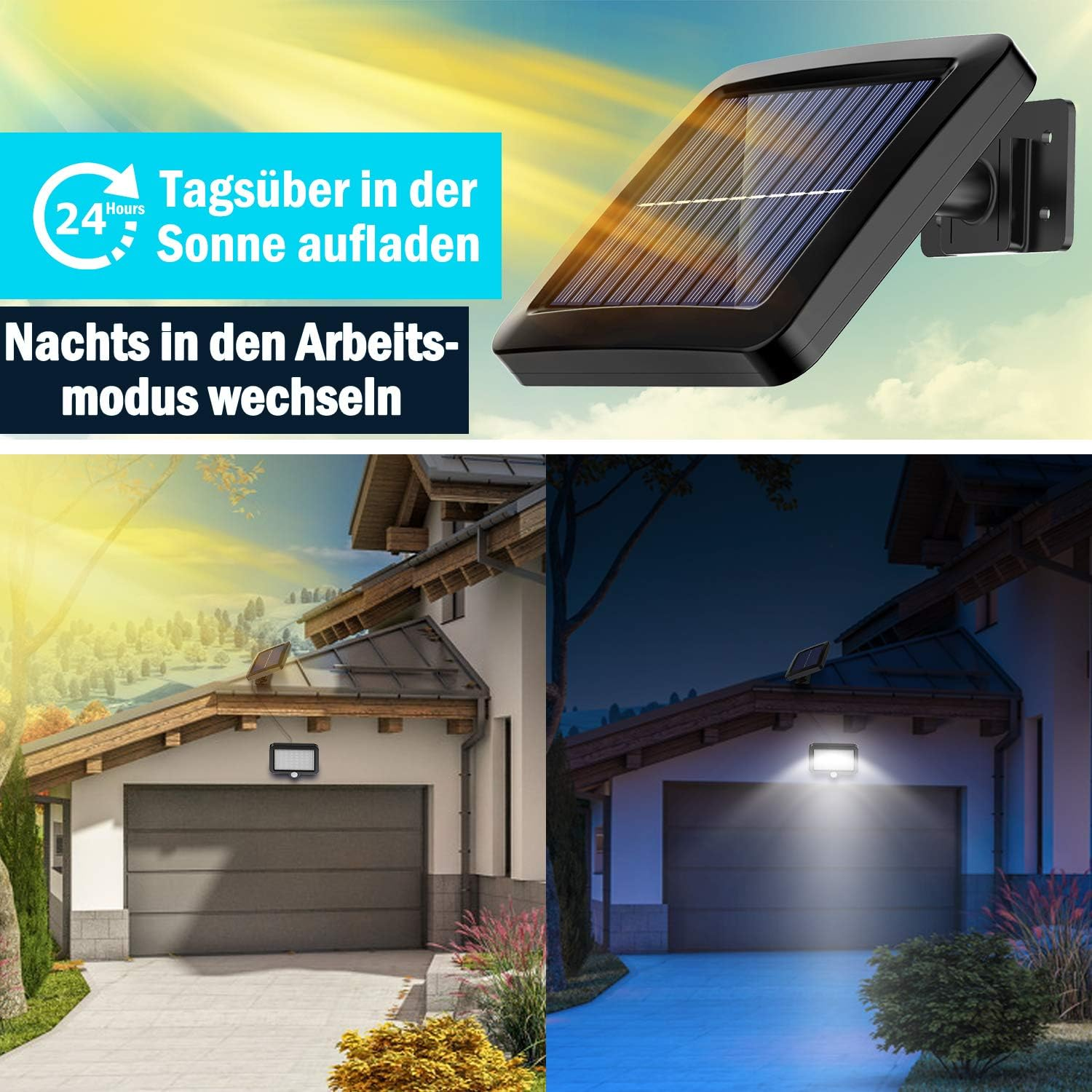 Solarleuchte an Hauswand, tagsüber und nachts