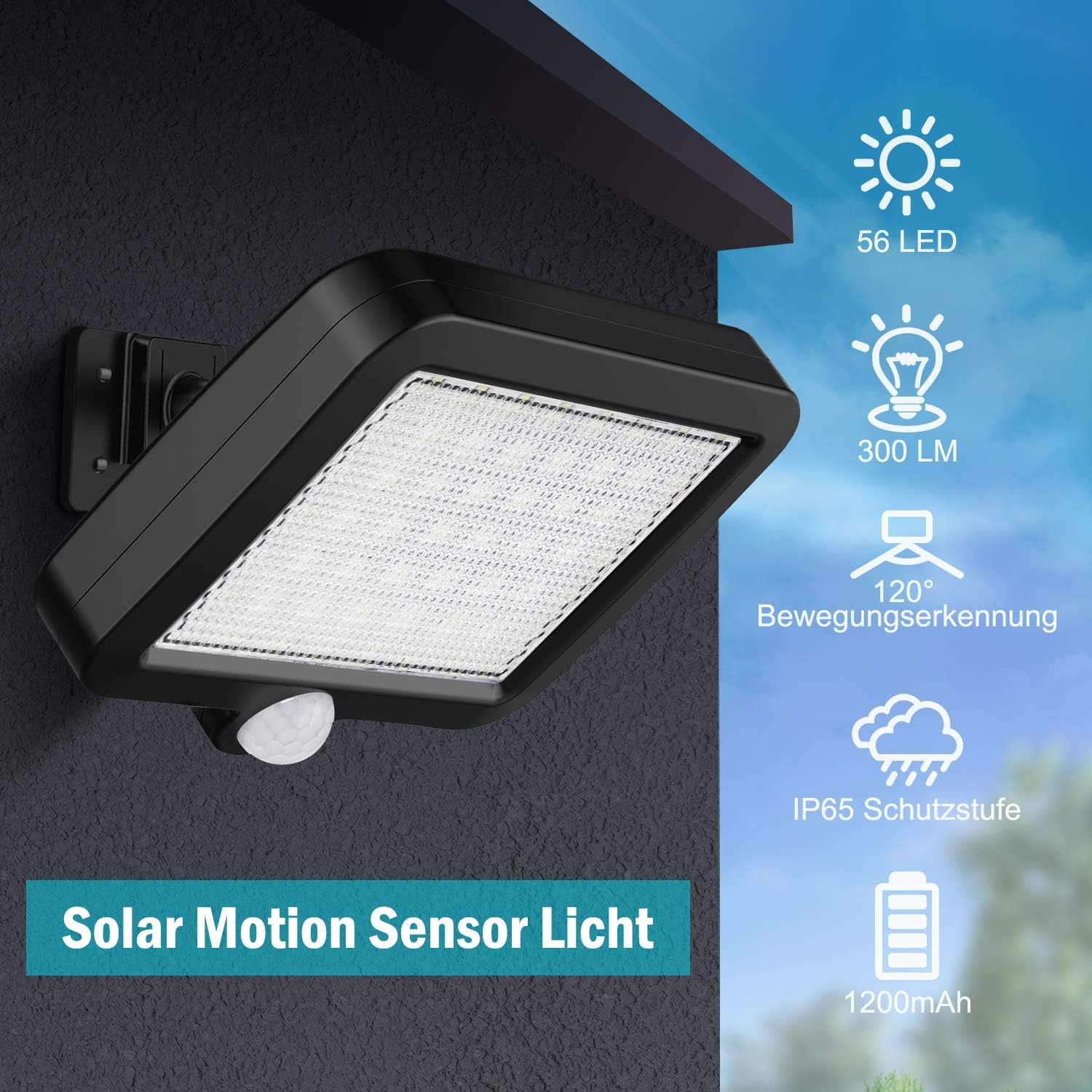 Schwarze Solar-Außenleuchte mit Bewegungsmelder, 56 LEDs, 300 Lumen.
