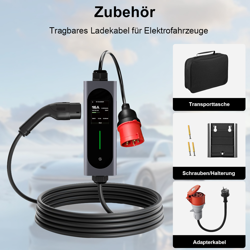 EV Ladegerät mit Kabel, Transporttasche, Schrauben und Adapterkabel.