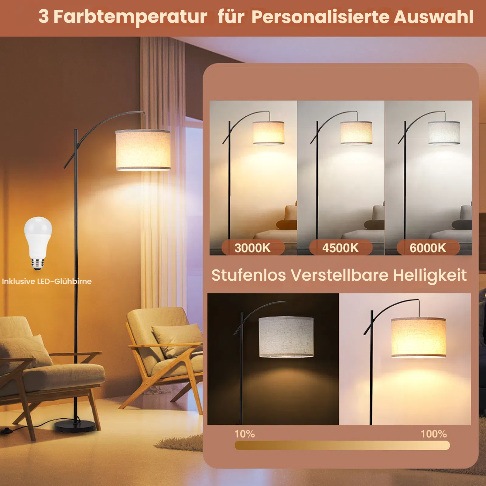 Bogenlampe mit drei Farbtemperaturen und einstellbarer Helligkeit.