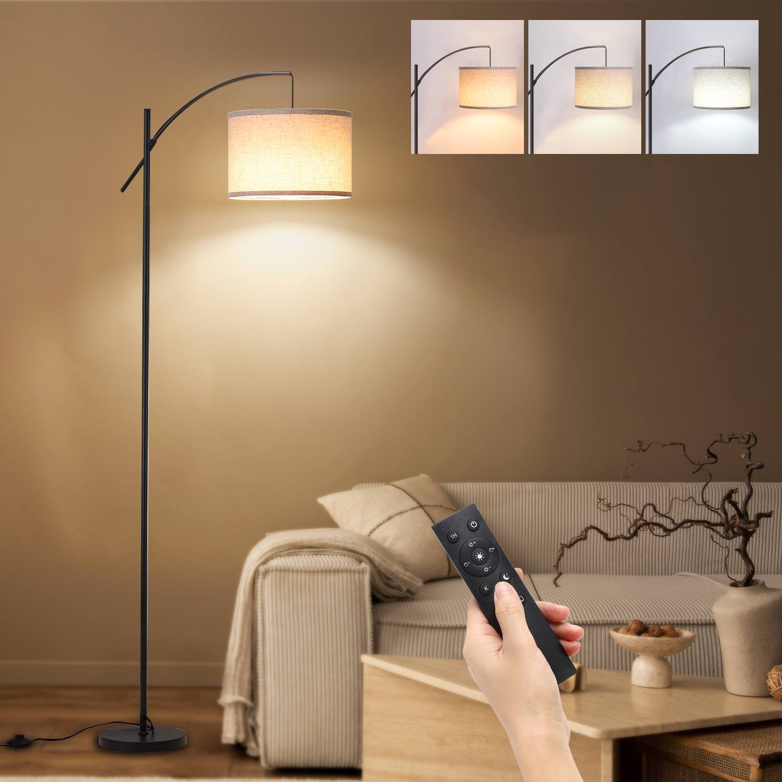 Ein Bogen-Stehlampe mit Stoffschirm und Fernbedienung.
