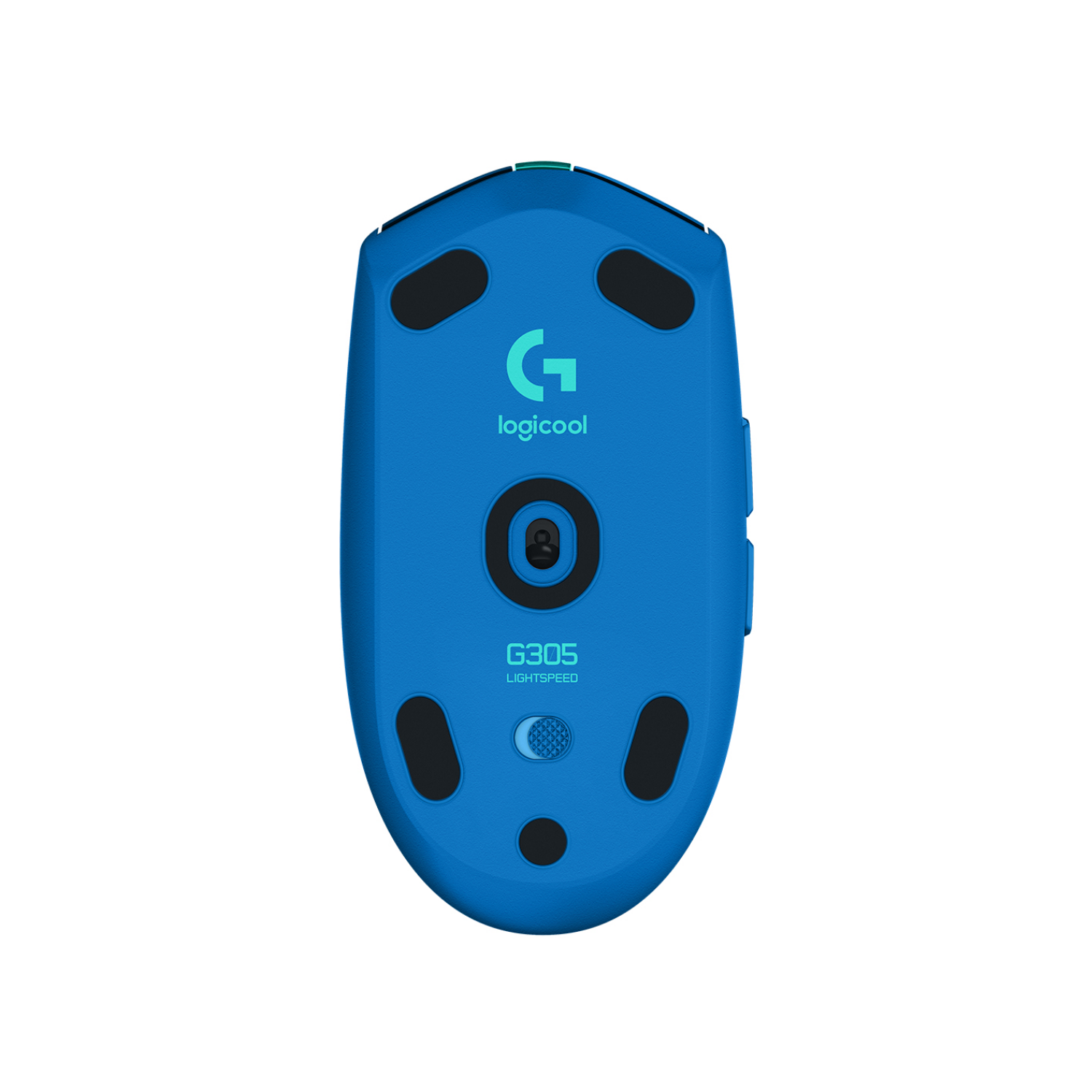 Spód niebieskiej myszy gamingowej Logitech z logo G.