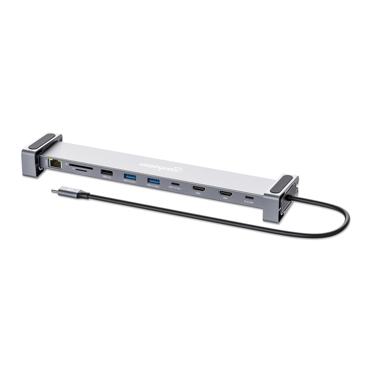 Ein silberner USB-C-Hub mit SD-, TF-, USB-A- und HDMI-Anschlüssen sowie einem Stromanschluss.