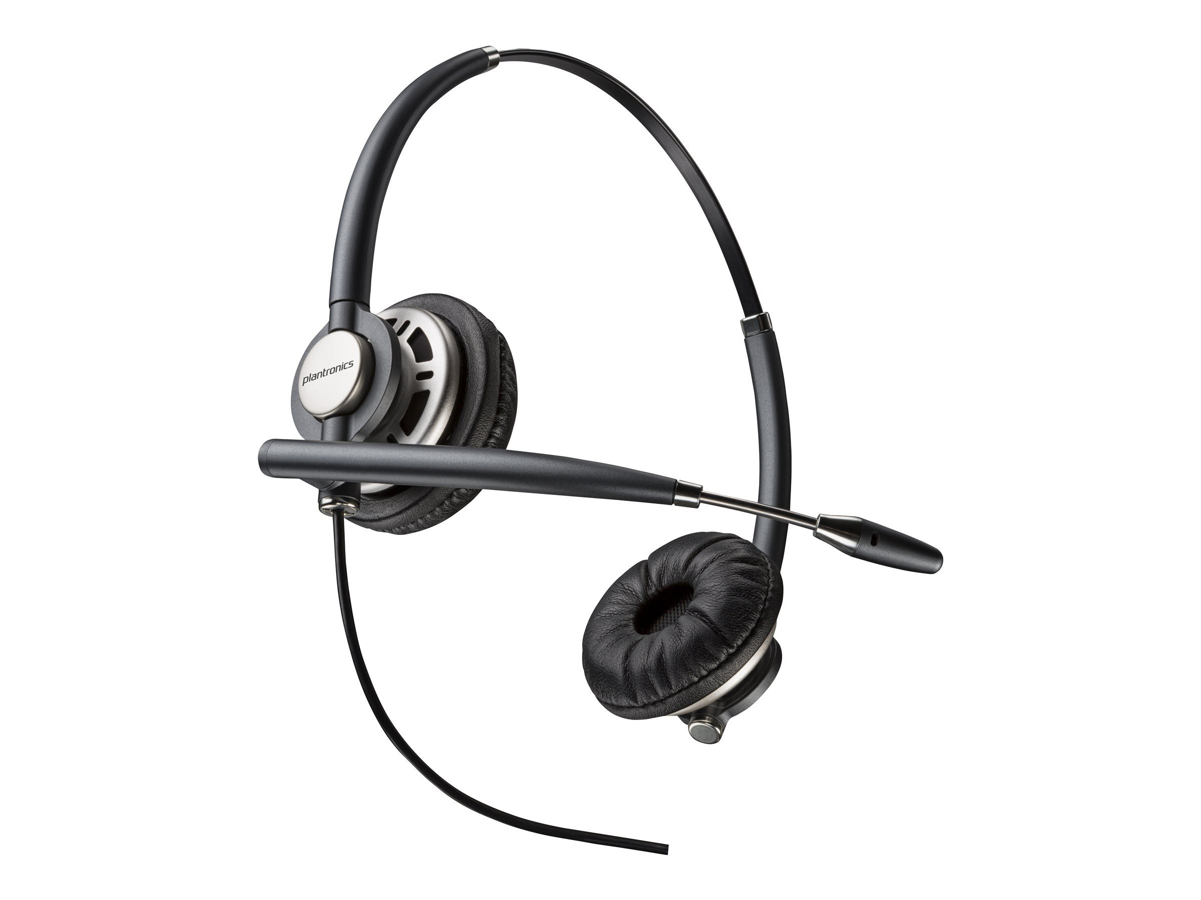 Auriculares Plantronics negros con micrófono y dos almohadillas sobre fondo blanco.