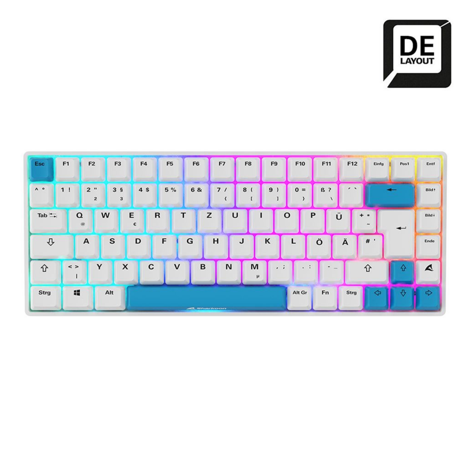 Biała klawiatura z układem DE i kolorowymi klawiszami. Logo układu DE w prawym górnym rogu.